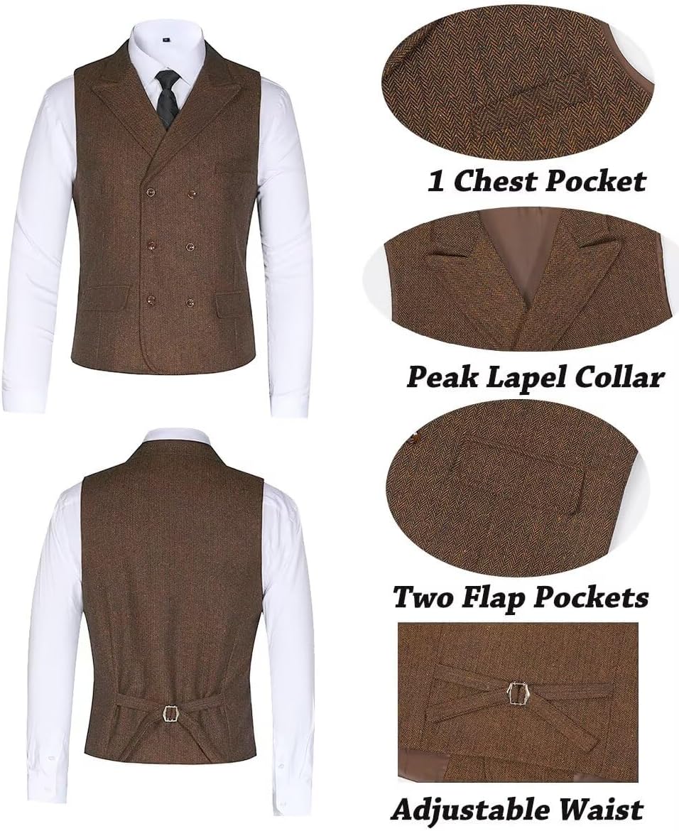 Tweed Mens Suit 3 Piece Slim Fit Herringbone Suit for Men Wool Blend Blazer Double Breasted Vest Pants Tuxedo Set - Image 4