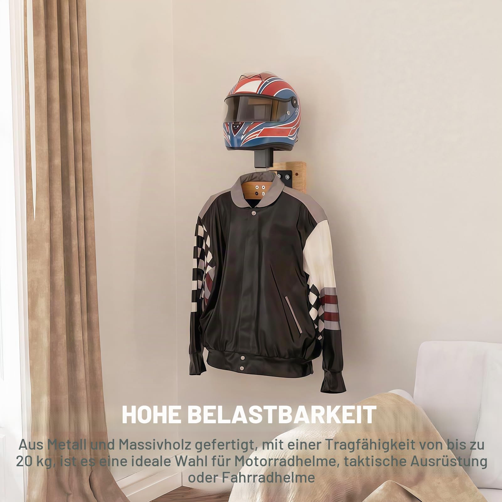 PORFOYO Helmhalterung Wand, Motorradhelm Halterung, Tactical Gear Wandhalterung aus Metall und Holz, Motorrad Garderobe, Helmhalter Wand zur Aufbewahrung von Helmen, Taktische und Schlüsseln
