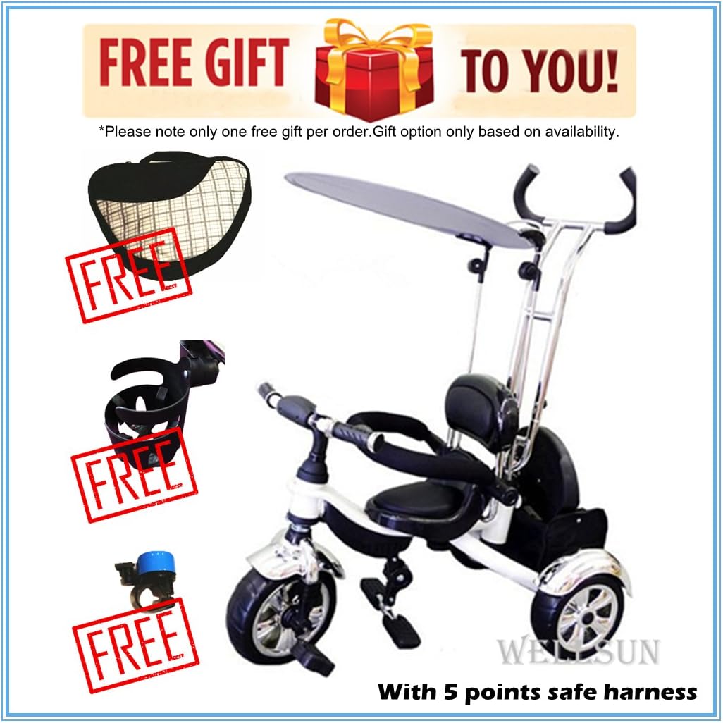 Smart Design 4-in-1 Childrens Tricycle Kids Trike 3 Wheel Bike Parent Handle with Harness New (Black & White)
