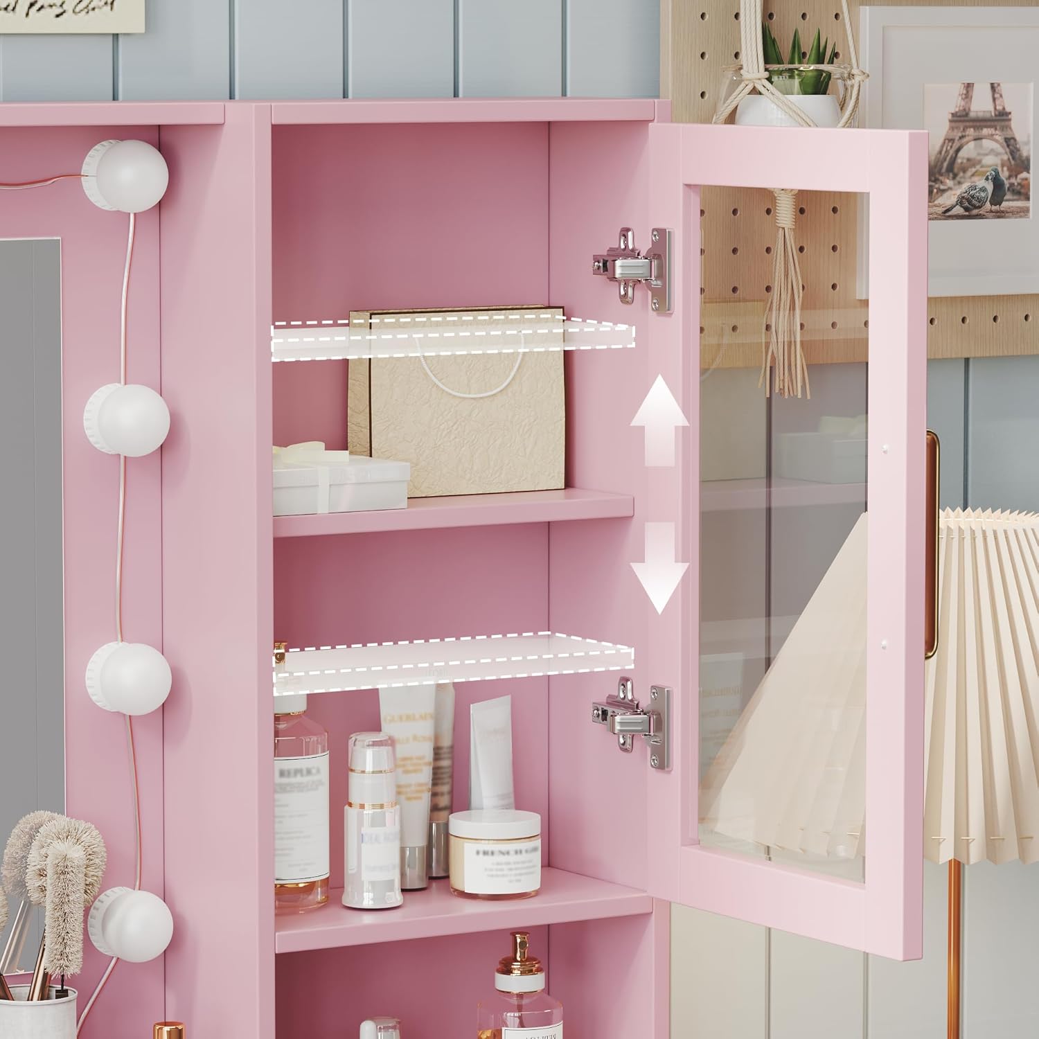 Makeup Vanity with Lights & Charging Station, Pink Vanity Table with 5 Drawers & Open Storage Shelves, Vanity Desk with Mirror & Lights, Dressing Table Set, Bedroom Makeup Table Set Gold Handle