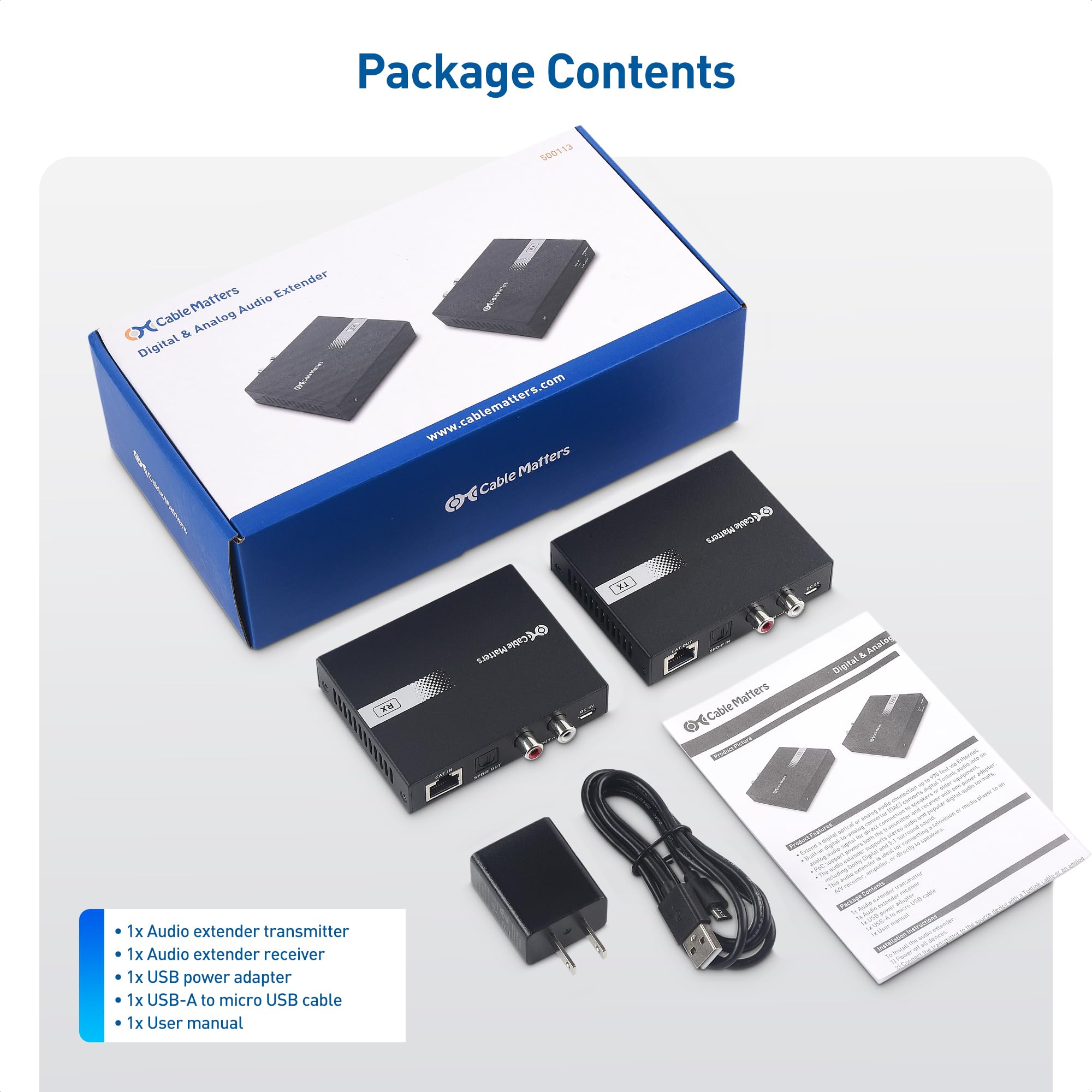 Cable Matters Kit adattatore audio over Ethernet a lungo raggio da 300 m con convertitore da digitale ad analogico (DAC) integrato, supporta Toslink audio ottico, L/R RCA (AudioExtender su adattatore