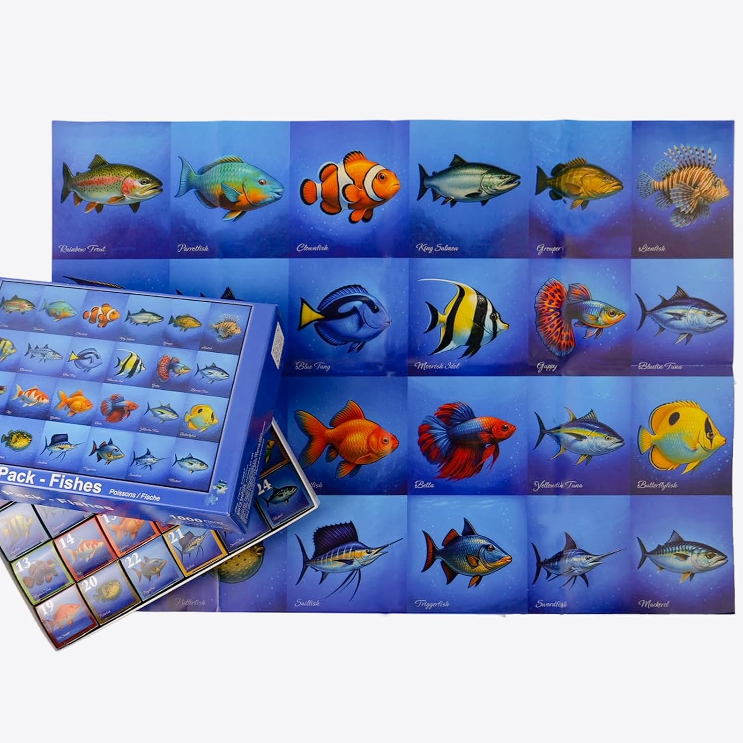 rokt&razo, Fishes, 24 Mini Pack, 1000 Pieces Daily Puzzles, Advent Calendar, Perfect for Kids, Teens, Adults and Seniors, Family Game Nights, Finish Size 27.5 * 19.7 in (Index on The Back)