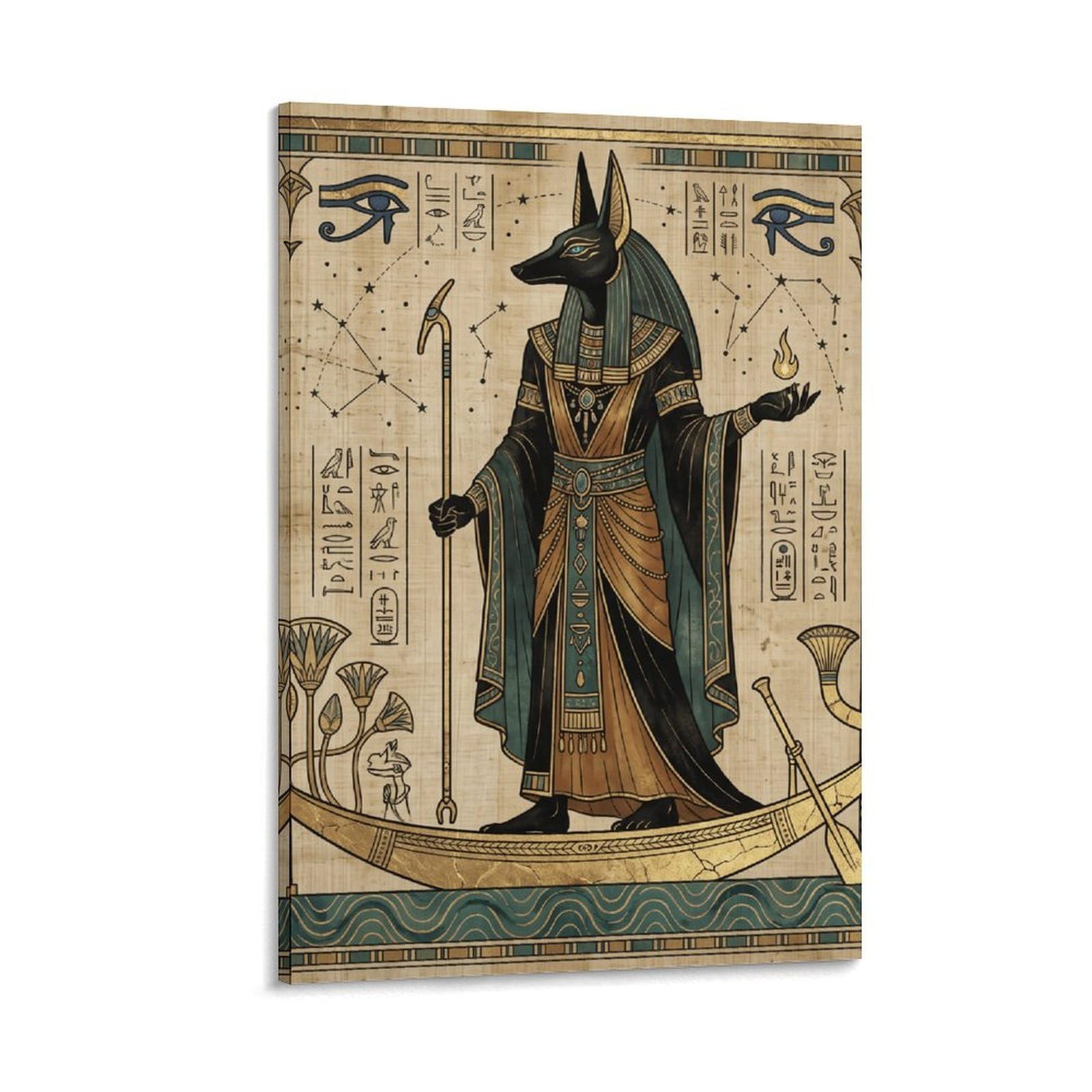 H3B8U2Y5 Anubis Boat Egyptian Canvas Wall Art, Hieroglyphic Symbol Decor