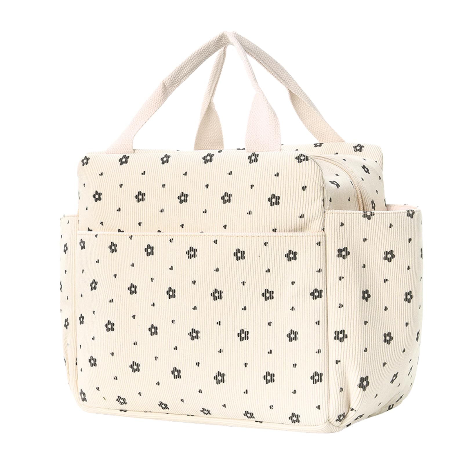 Kaiyzo Corduroy Insulated Lunch Bags for Women, Large Capacity Pack Lunch Bag, Multi-Pocket Design, Reusable, Suitable for Work, Travel, Picnics and Everyday Use (Beige Floral Pattern)