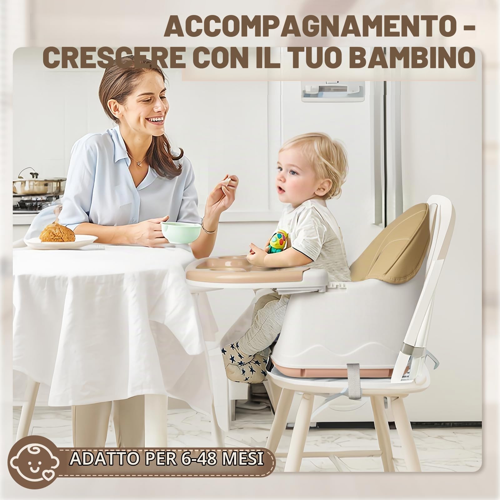 Seggiolone pieghevole 4in1, Reclinabile e regolabile in altezza, con vassoio estraibile e rotelle, Seggiolone regolabile con cintura a 5 punti, Beige