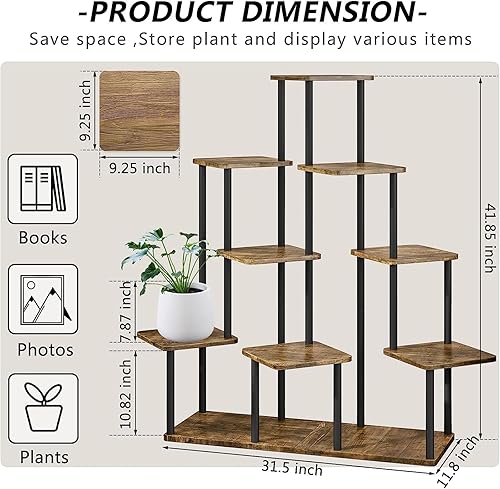 Miniatura 3 de Soporte alto de madera para plantas de 9 niveles, estante de metal para interiores, múltiples estantes para macetas, estante de esquina, estante de