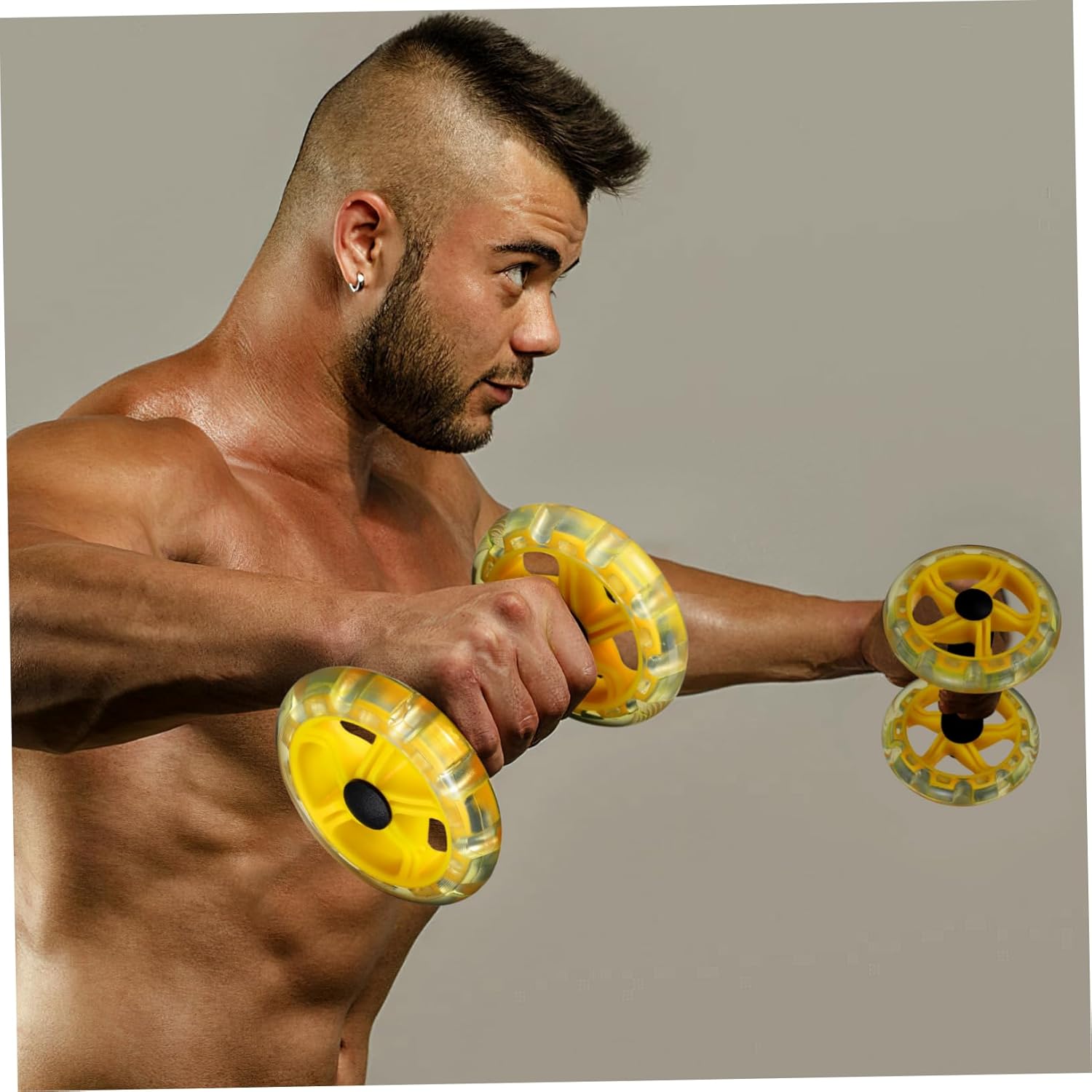 Wakauto Yellow Fitness Roller for Core Strengthening and Tummy Shaping Dual Wheel Stability with Non Slip Handles Portable Exercise Device for Men and Women