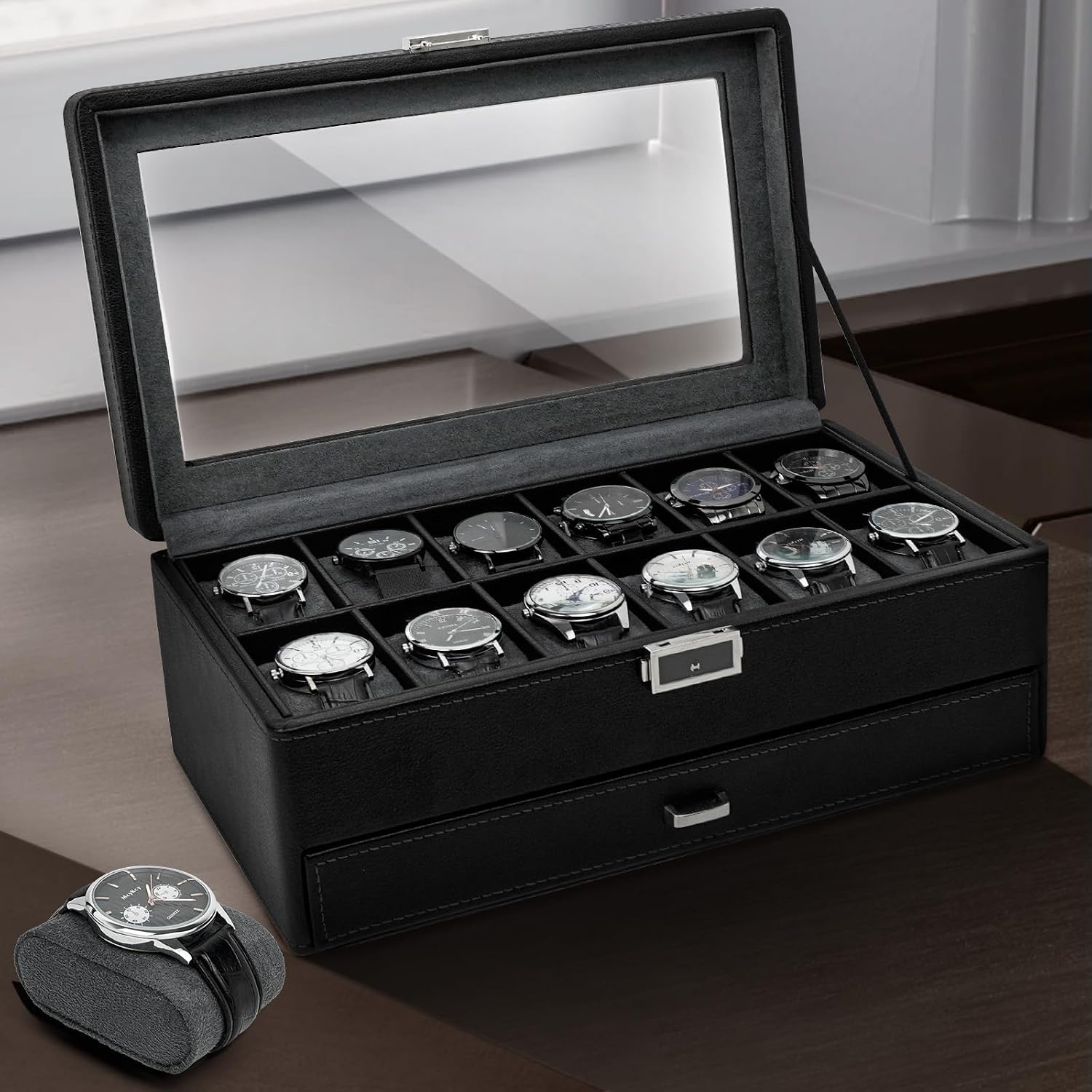 12-Slot Watch Box,Lockable Watch Case with Glass Lid,Jewelry Storage 2 Layer,Black Textured Leather Watch Display,Thicken Amethyst Gray lining,Ideal Gift for Men and Husbands