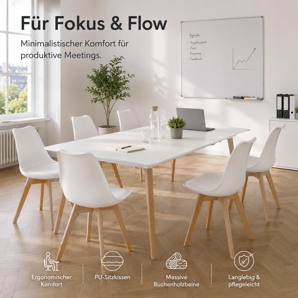 EGGREE 2er Set Esszimmerstühle mit Massivholz Buche Bein SGS Geprüfter, Retro Design Gepolsterter Stuhl Küchenstuhl Holz, Weiß
