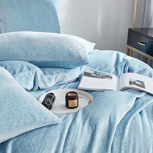 Miniatura 7 de YASMENG Juego de funda de edredón de terciopelo esponjoso, color azul claro, tamaño King, para otoño e invierno, funda de edredón de franela suave y