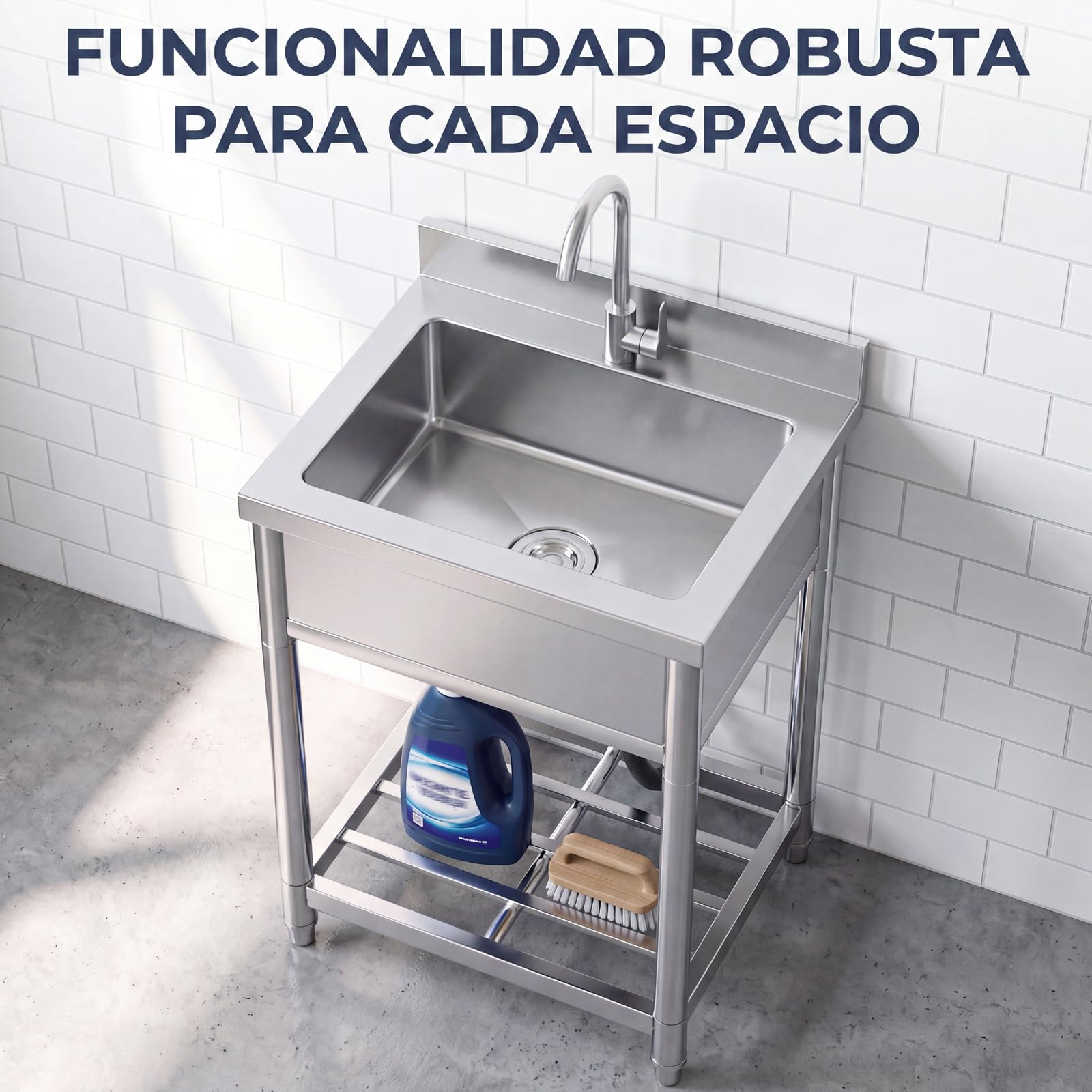 Fregadero con Patas Acero Comercial de Acero Inoxidable | 50 x 55 x 94 cm Fregadero de Cocina Independiente con Grifo, Fregaderos Industriales para Exterior, Cocina, Garaje, Jardín