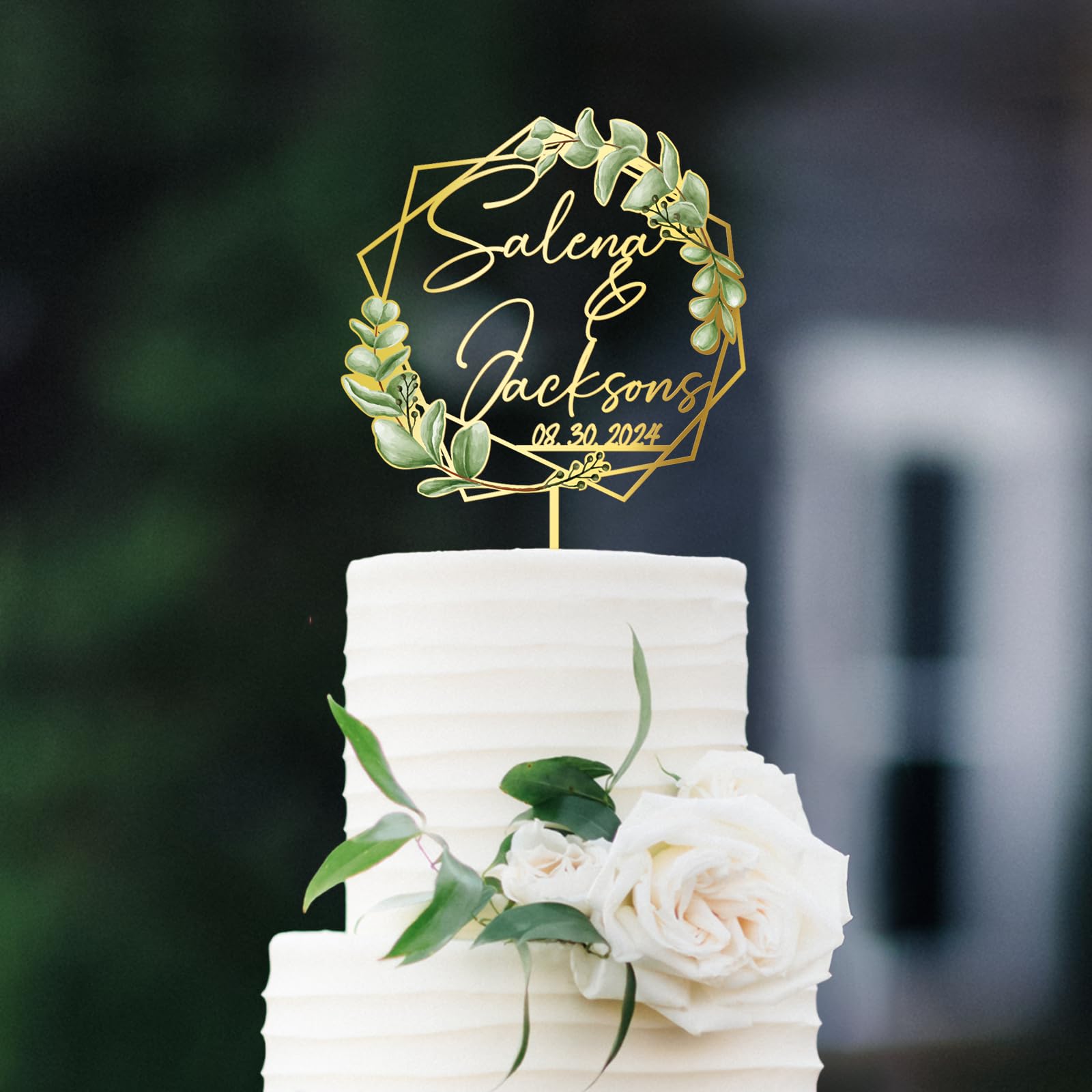 Party to Be Wedding Cake Topper with Green Leaves Custom Bride & Groom's Names and Wedding Date Personalized Geometric Cake Decoration in Acrylic and