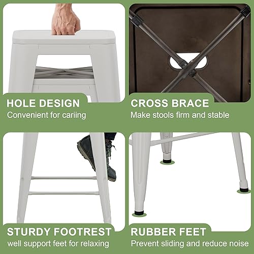 Miniatura 5 de Yongchuang Juego de 4 taburetes de bar de metal, taburetes de bar de 26 pulgadas, color blanco crema con respaldo de cocina, sillas de bar de altura