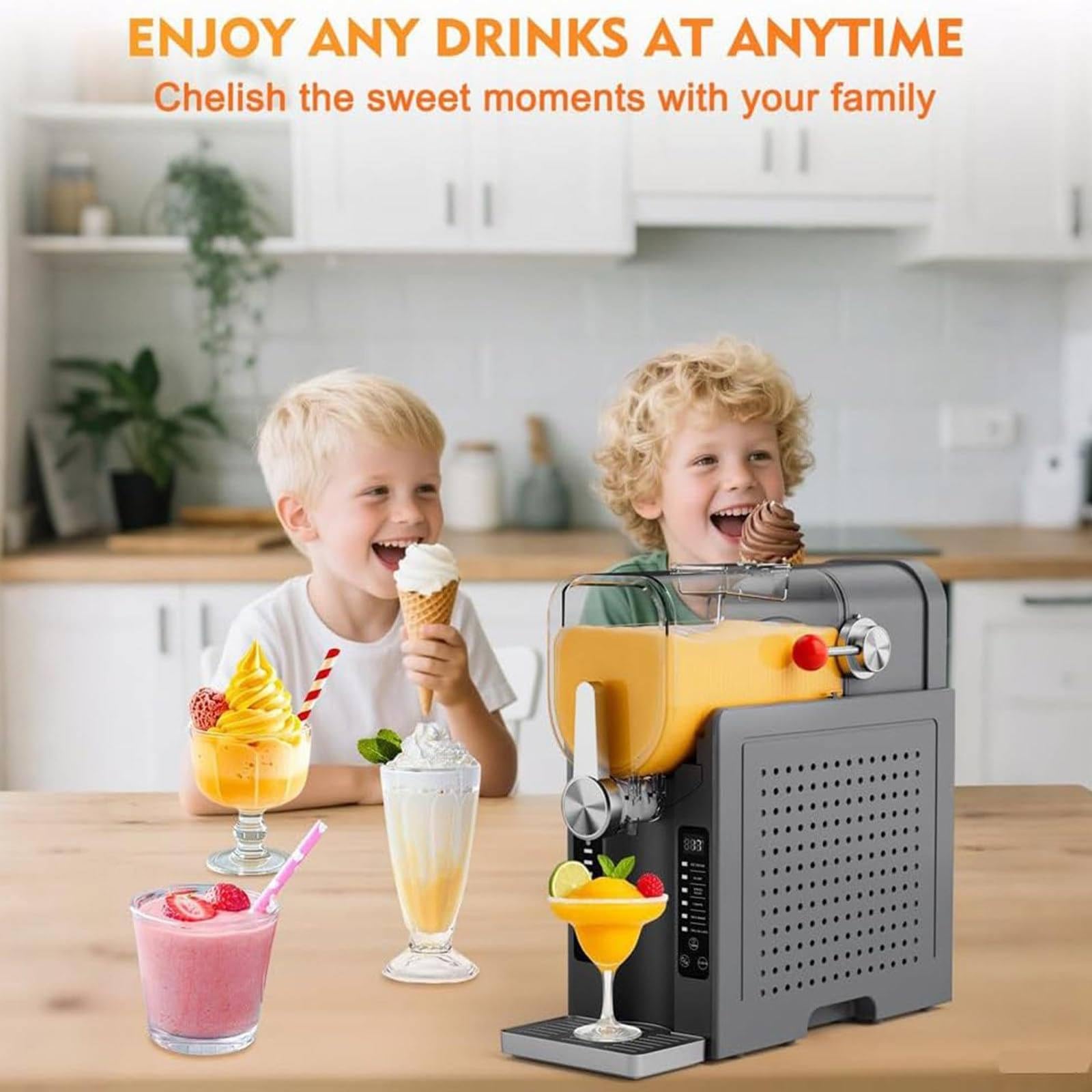 Maszyna do slushie o mocy 200 W, maszyna do slushie do użytku domowego, bez lodu, z wyświetlaczem LED, 1,6 l, rezerwacja jednym dotknięciem i 6 przystawek, 42,5 x 19,5 x 42 cm