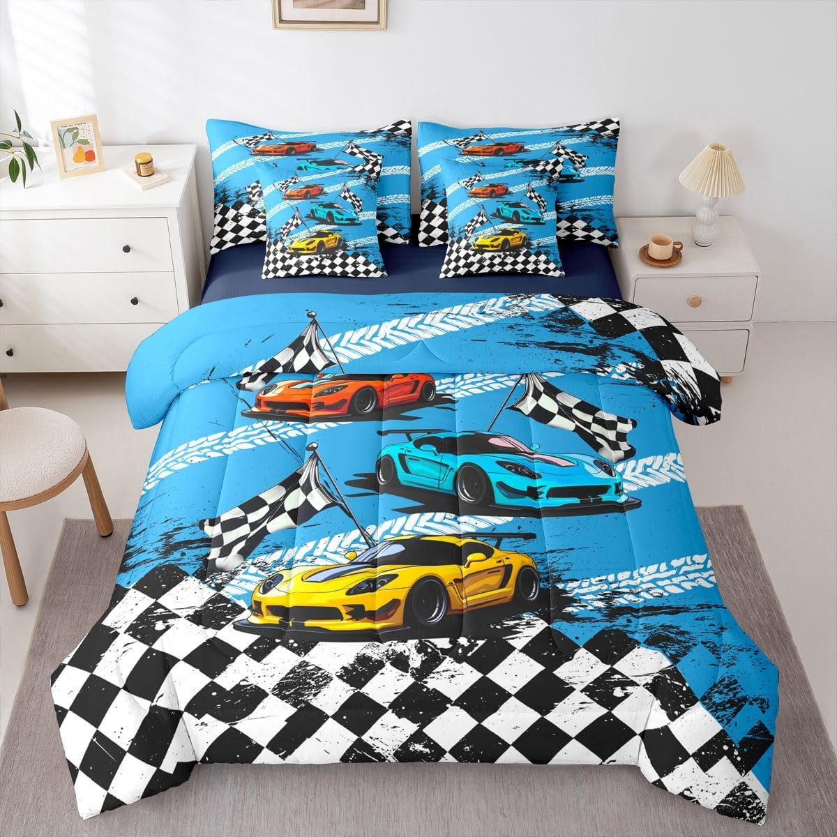 Castle Fairy Race Car Kids Comforter Queen Size,Racing Grid Flag Bedding Set 7 Pcs,Extreme Sport Decor for Girls Boys,Blue(Fitted+Sheet+2 Pillowcases+2 Throw Pillow Covers) image 5