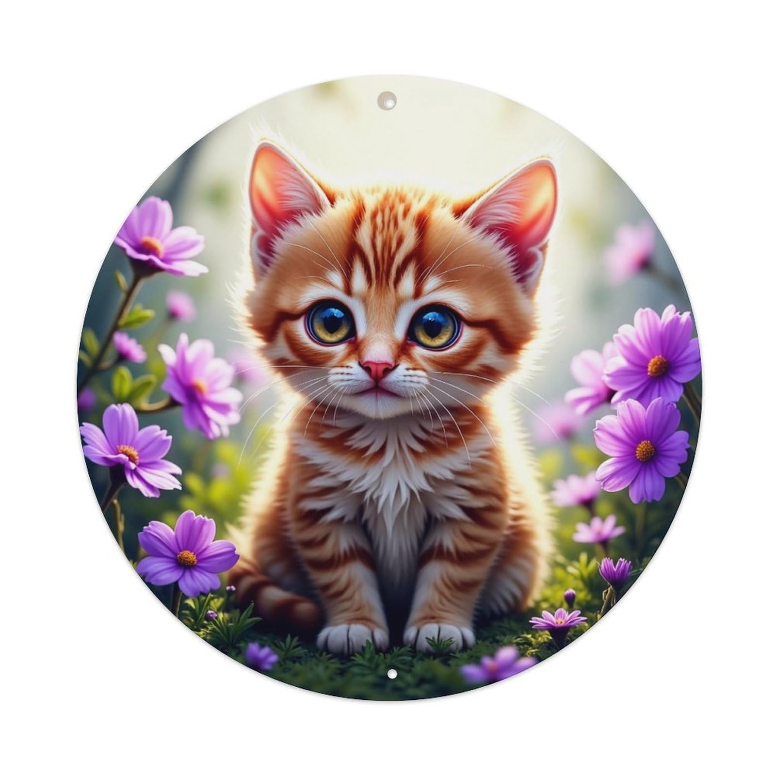 Cute Kitten Among Purple Flowers Vintage Metal Tin Sign Retro Wall Decor for Home Bar Garage Cafe, Indoor & Outdoor Decorative，circle Metal Poster, 8x8 Inch