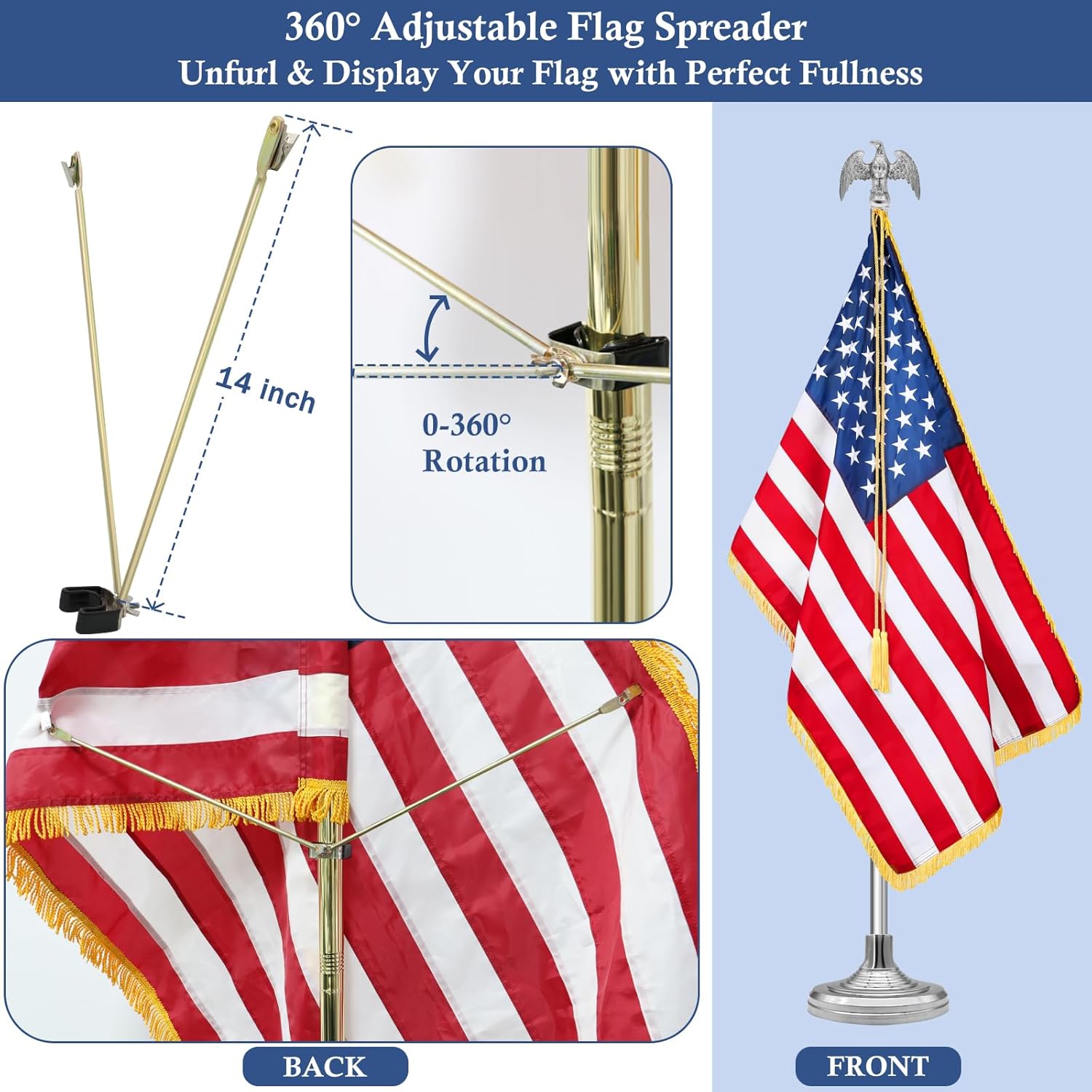 NQ 8FT Indoor Flag Pole and Stand Set, Stainless Steel Flagpole Kit with Embroidered US Flag, Aluminium Eagle Topper, Flag Spreader for Office, Meeting Room, Lobby, Auditorium, School (Silver)