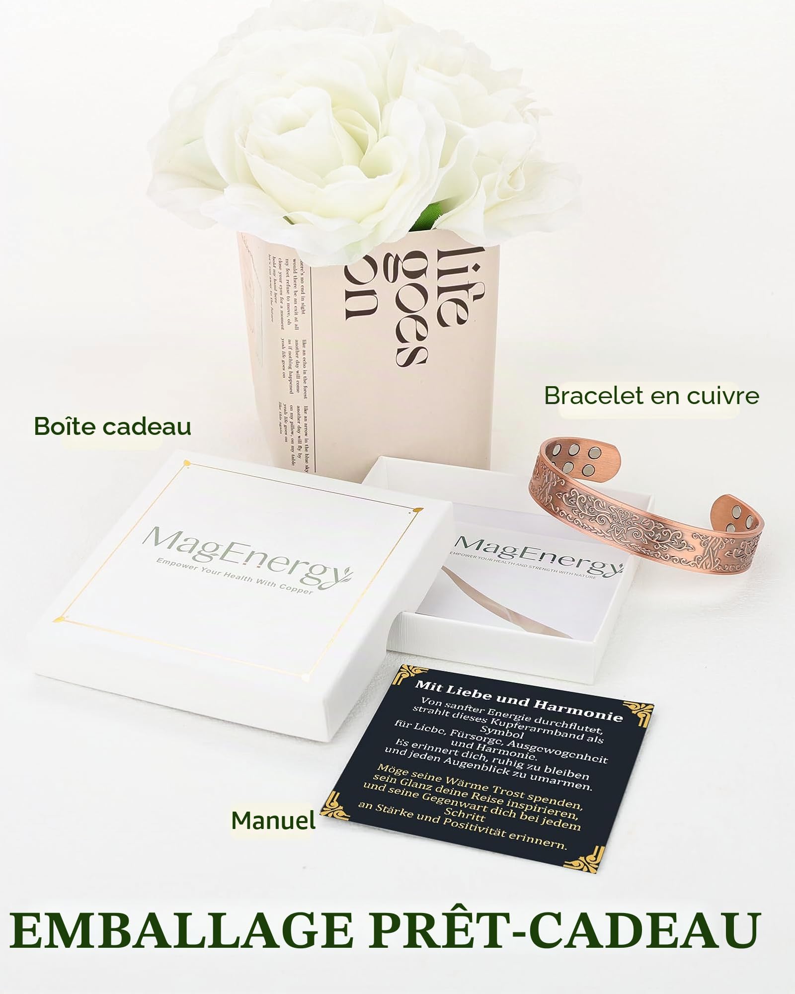MagEnergy Bracelet en cuivre pour homme, bracelet magnétique avec 18 aimants, cuivre massif 99,99% pur, bracelet ajustable pour homme, idée cadeau (L'arbre de la vie), Eine Grösse, Cuivre