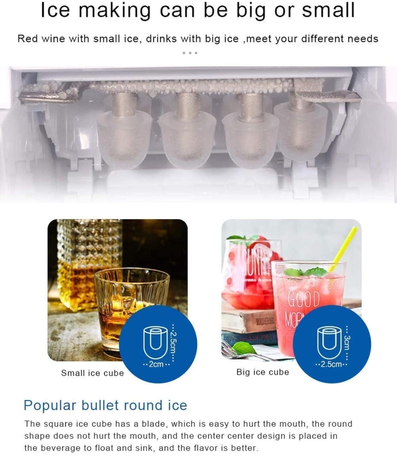 Mini Automatic Ice Maker Electric Bullet Round Block Ice Cube Making Machine 15kgs / 24H Small Bar Milk Tea Coffee Shop