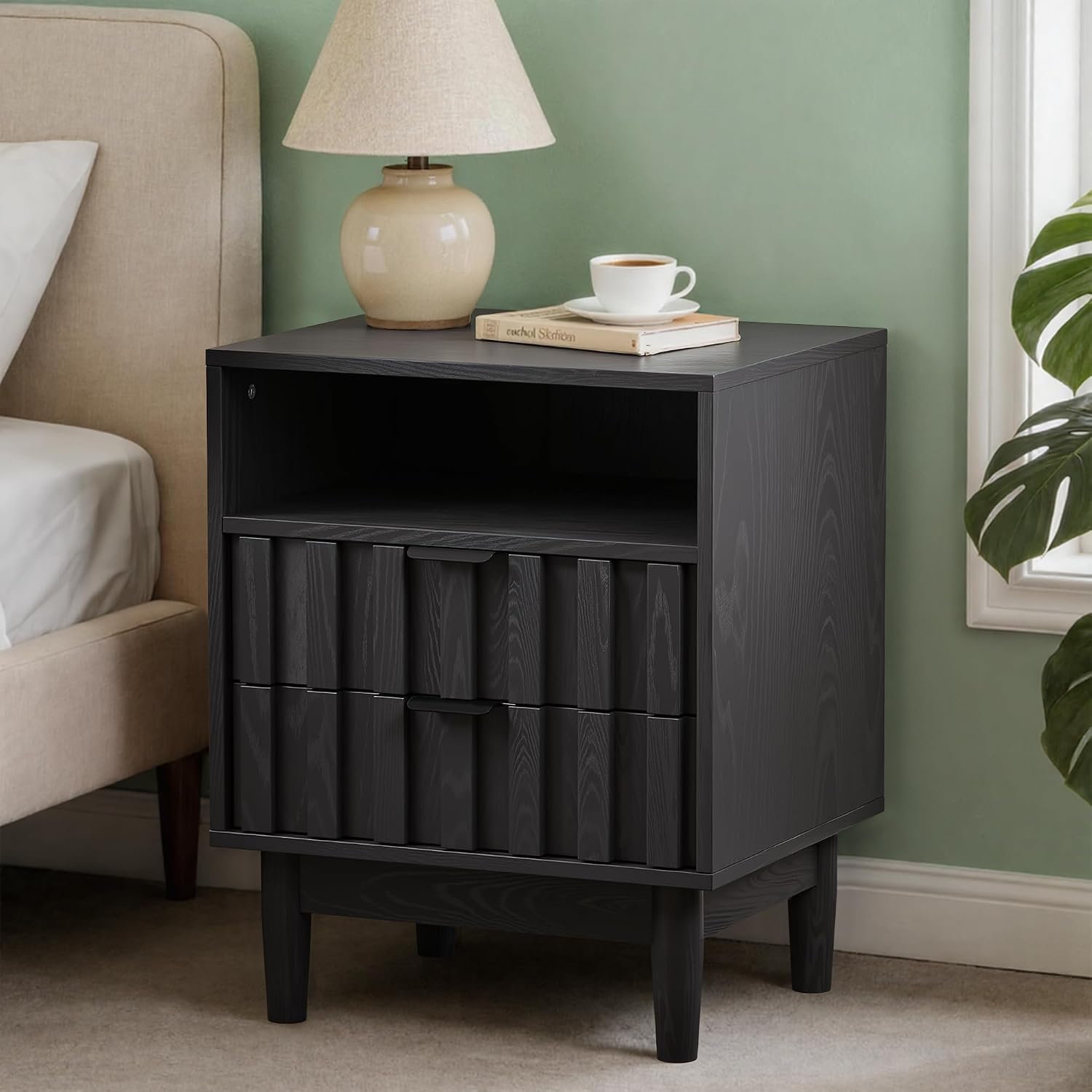 Fluted Nightstand, 19" Wide Night Stand with Solid Wood Legs, Open Storage Shelf, Mid Century Modern Wooden Bedside Table for Bedroom, Bed End Side Table, Black