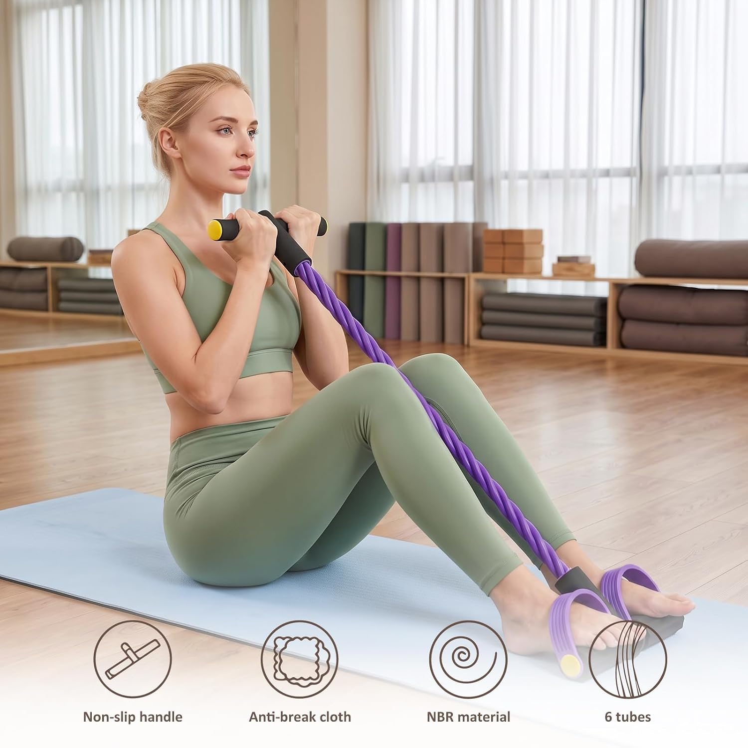 Pedal Resistance Band with Handles, 6-Tube Elastic Tension Rope, Natural Rubber Multifunction Exercise Band, Home Fitness Equipment for Yoga, Stretching, Abdomen Waist Arm Leg Training
