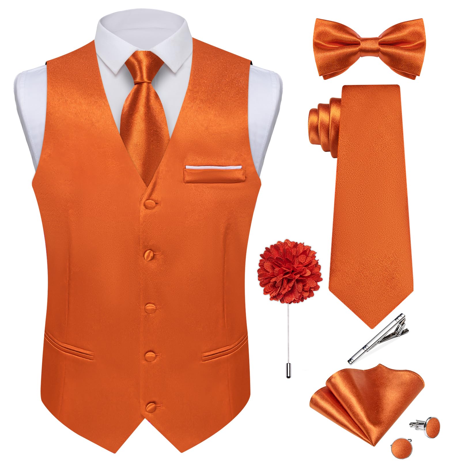 DiBanGu Mens Satin Suit Vest and Tie Set 8PCS Solid Waistcoat and Bowtie with Lapel Pin for Tuxedo Dress Vest Wedding Formal