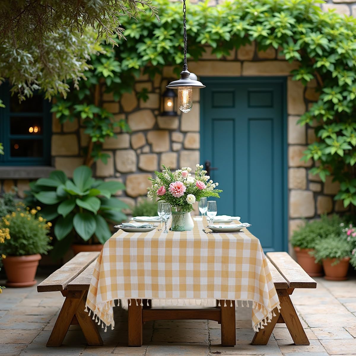 laolitou checkered tablecloth rectangle washable buffalo plaid picnic table cloth with tassel cotton linen gingham table cover for dining room, yellow, rectangle, 55''x70'', 4-6 seats yellow 70" x 55" (rectangular)