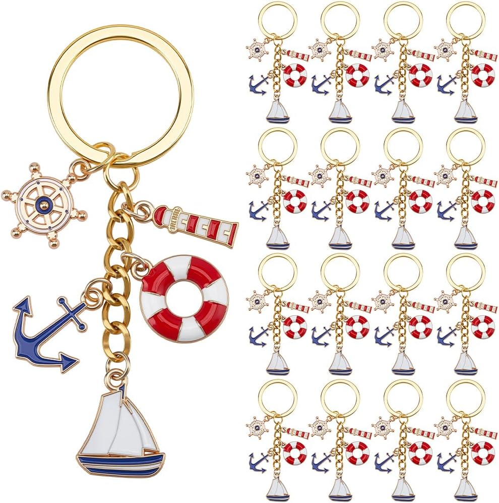 SUNNYCLUE 1 Box 20Pcs Nautical Keychain Bulk Sailboat Charm Keychain Set Alloy Enamel Gold Ship Summer Lighthouse Compass Ocean Pendants Key Chains for Purse Decor Party Favor Wedding Favors Gifts