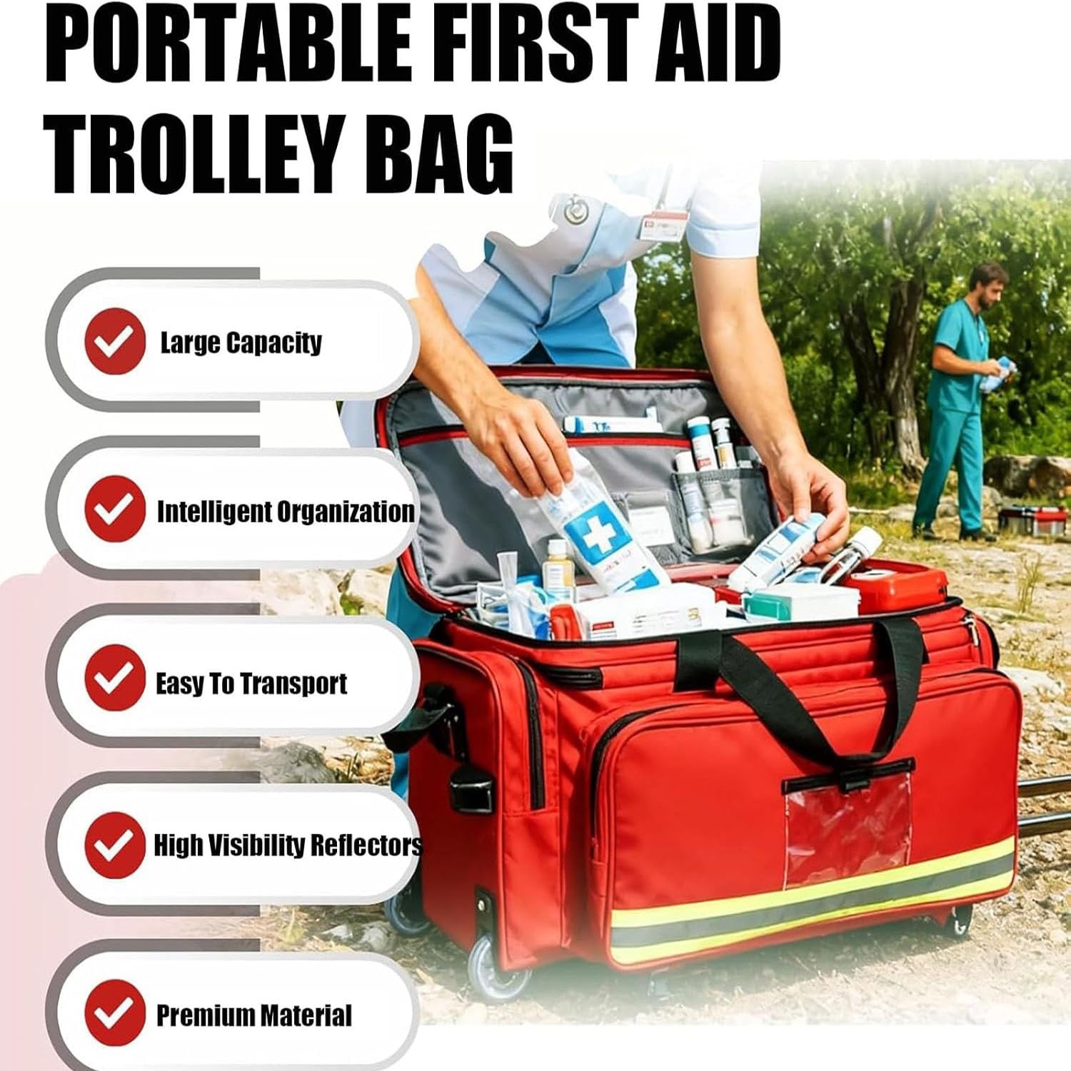 Botiquín de primeros auxilios portátil for exteriores, botiquín de primeros auxilios con ruedas, compartimentos extraíbles y varilla telescópica, Peso 5 kg, for viajes y excursiones