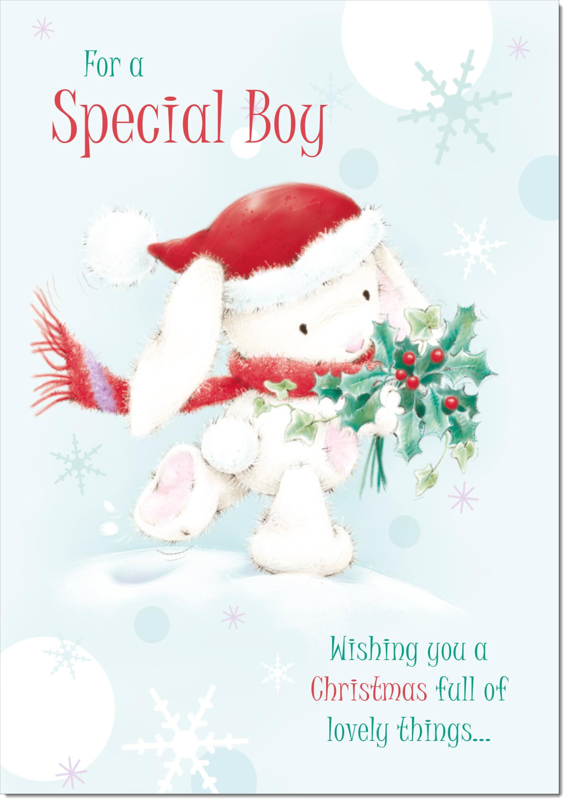 doodlecards Special Boy Christmas Card Cute Rabbit with Holly Large A4 Size Christmas Card for Special Boy with Plain Envelope