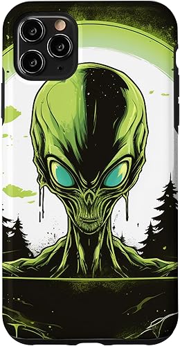 Vista 25 de iPhone 15 Pro Max Cute Green Alien Head UFO Space Face Alien Case
