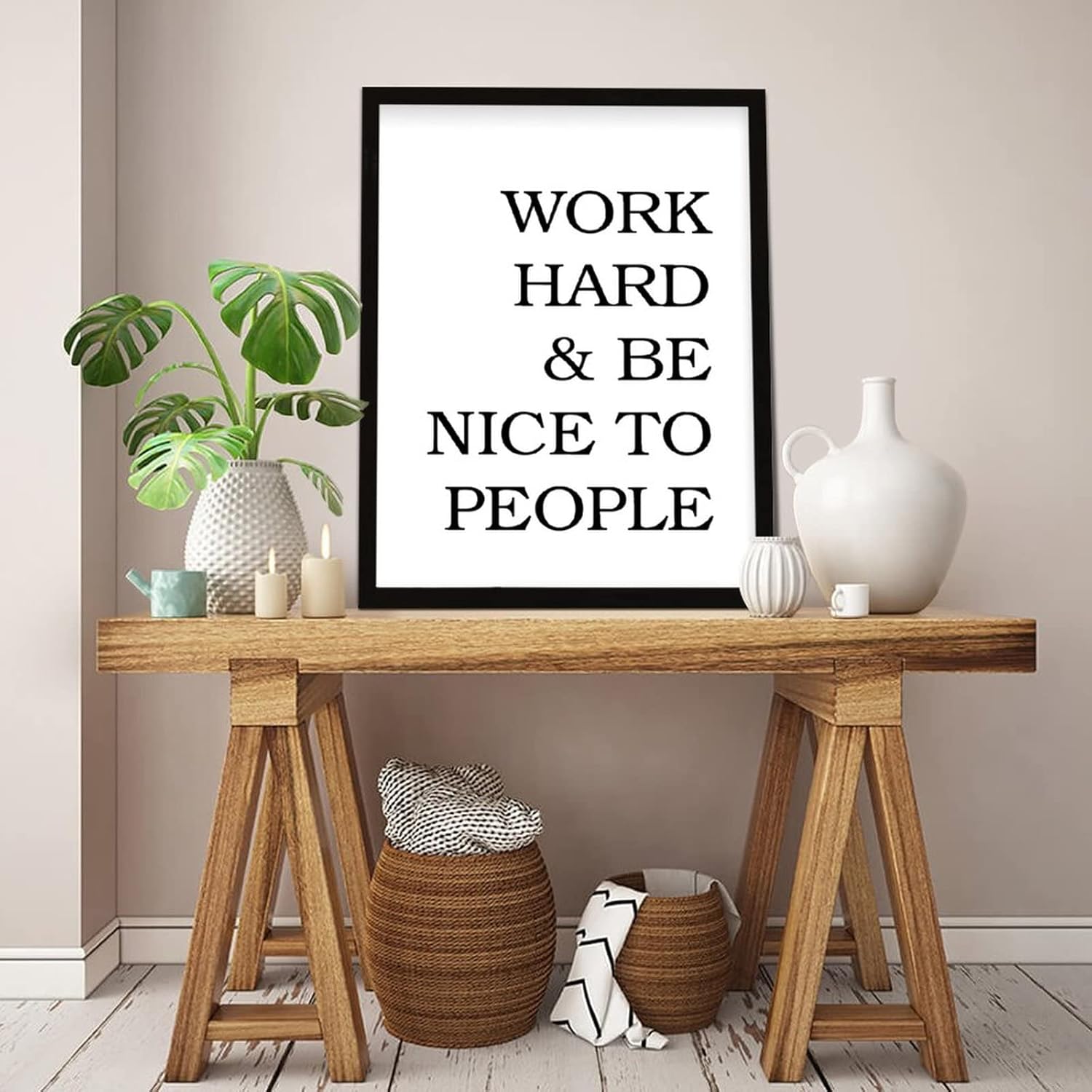 Vintage Style 16x20in Framed Wood Sign with Motivational Quote Work Hard and Be Nice to People Wall Hanging Black Frame Wooden Plaque for Washroom Farmhouse Garden Yard Porch Cottage Wall Decor