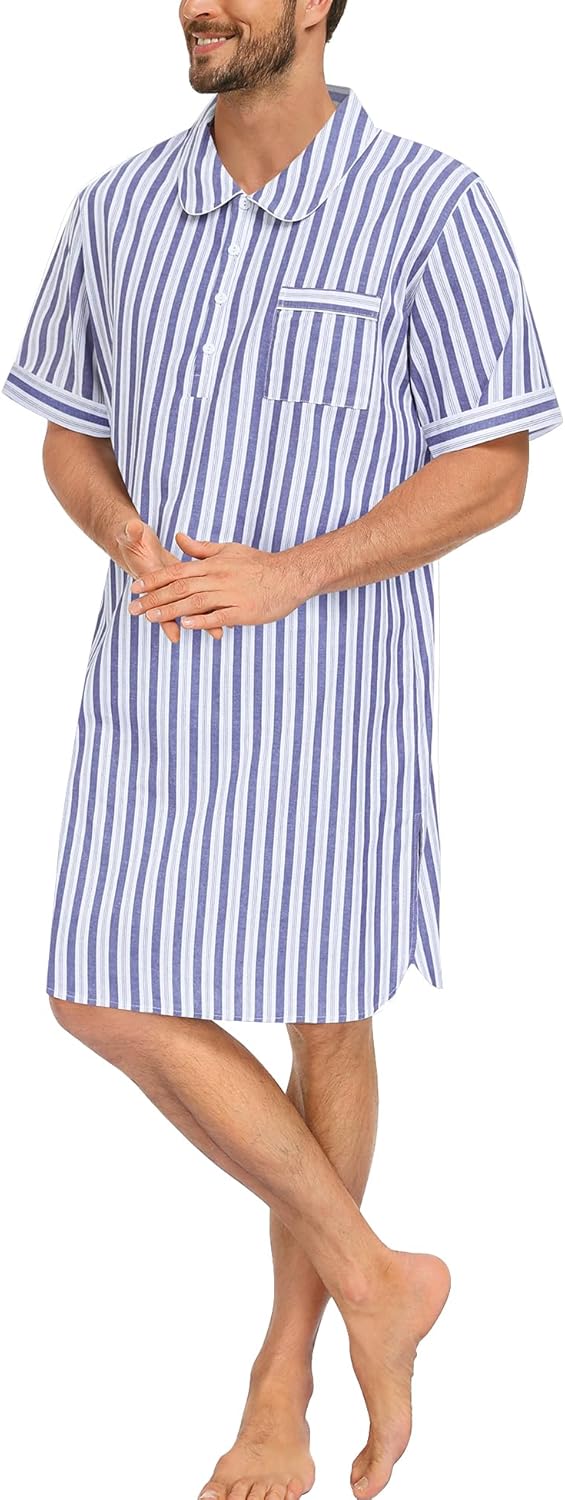 SWOMOG Men's Nightshirt 100% Cotton Short Sleeve Nightgown Button Down Sleep Shirt Soft Sleepwear Comfy Nightwear - Image 4