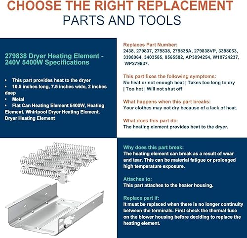 Miniatura 4 de 【35% de níquel】Elemento calefactor de secadora 279838, compatible con Whirlpool WED4815EW1 Kenmore 500 600 70 80 Series Modelo 110 Roper RED4440VQ1