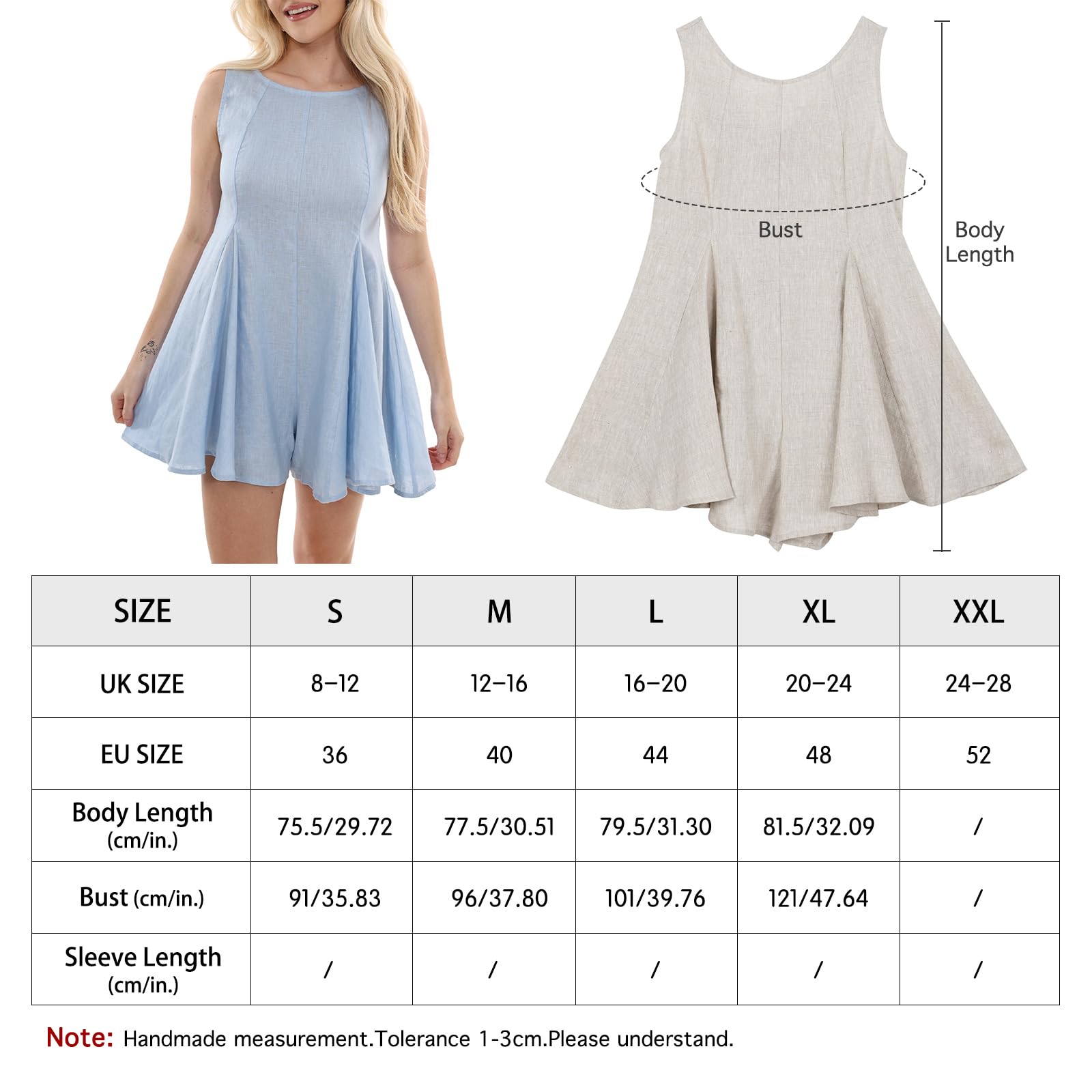 Amazhiyu Mono de lino para mujer, sin mangas, de pierna ancha, con cuello redondo, cuello redondo, elegante