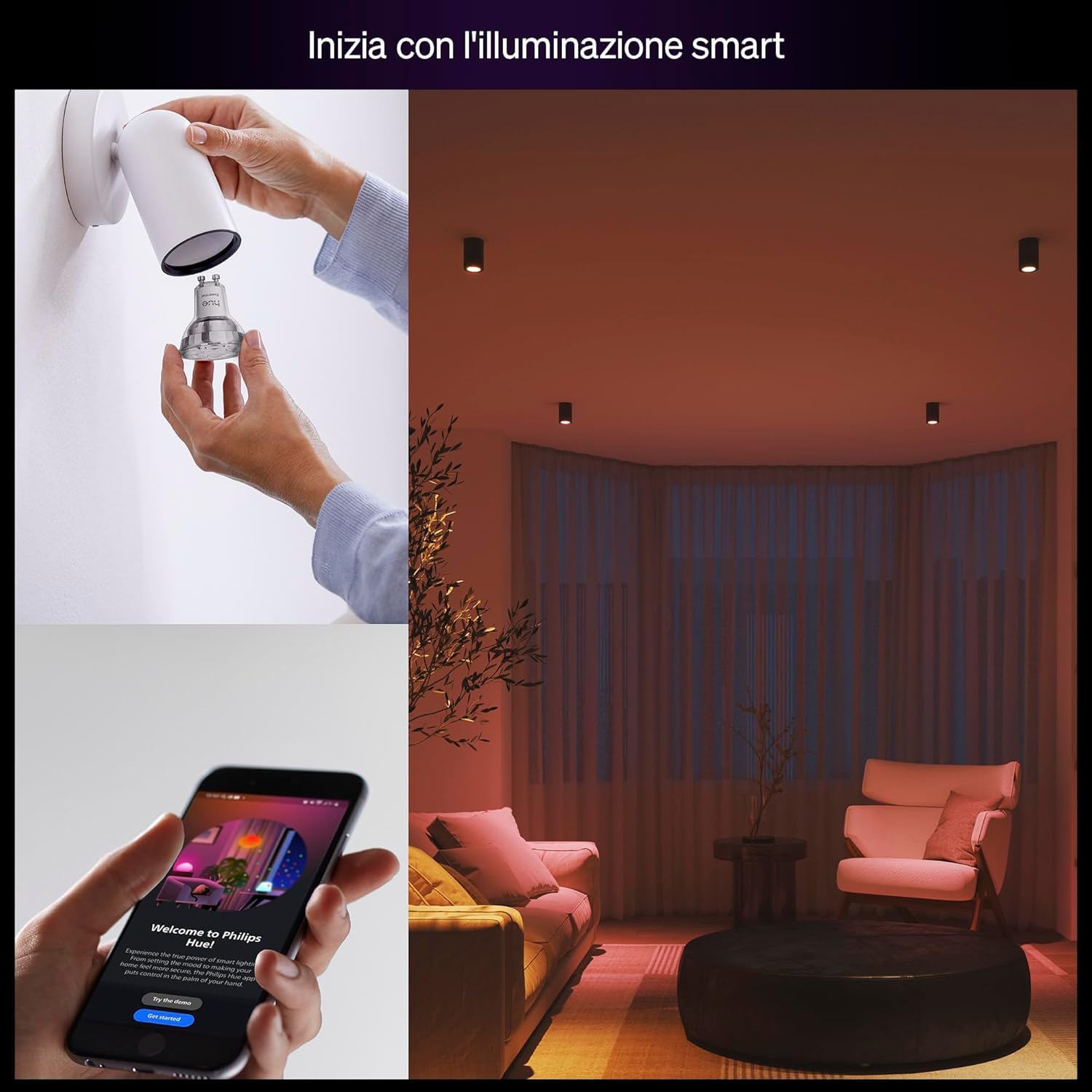Philips Hue Essential Smart LED GU10 (Confezione da 4), Lampadina smart con luce bianca e colorata, Lampadina intelligente 4.7 W, Luce smart compatibile con Alexa, Google Assistant e Apple Home