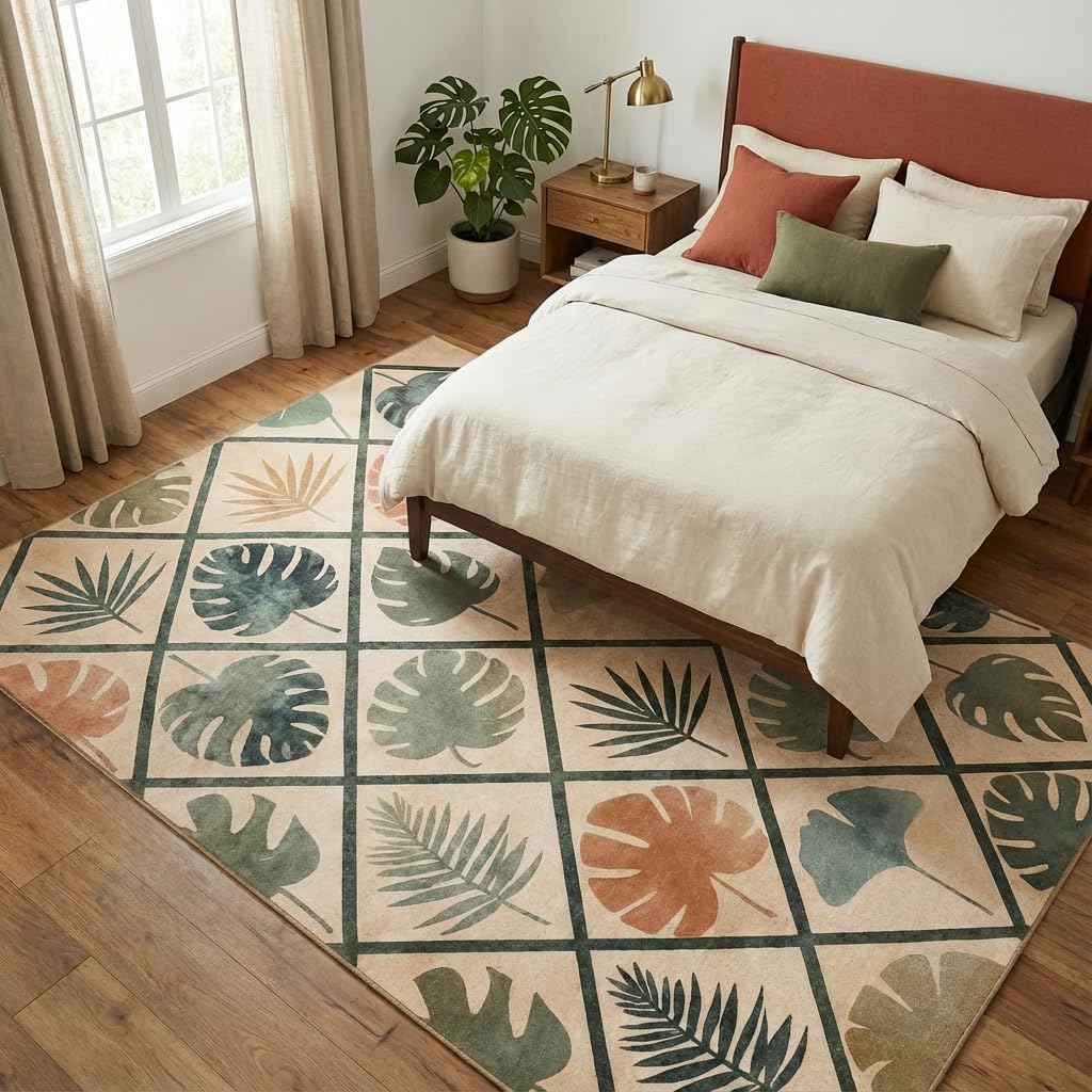 5x7 Area Rug for Living Room，Sage Green Modern Abstract Diamond Leaf Rug Non-Slip Washable Bedroom Dining Room
