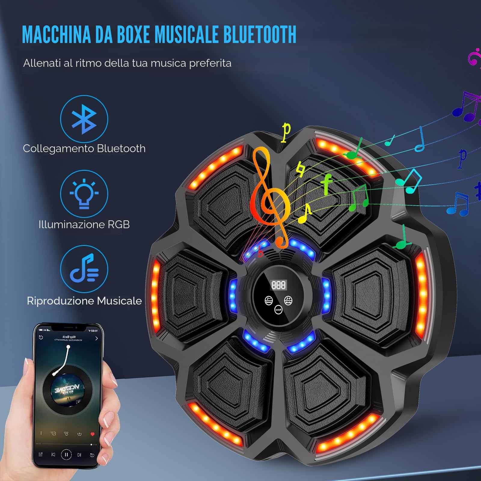 Music boxing machine, bersaglio da boxe musicale a parete, Smart LED, Bluetooth, con guantoni da boxe, con 9 velocità e modalità di conteggio, per adulti e bambini