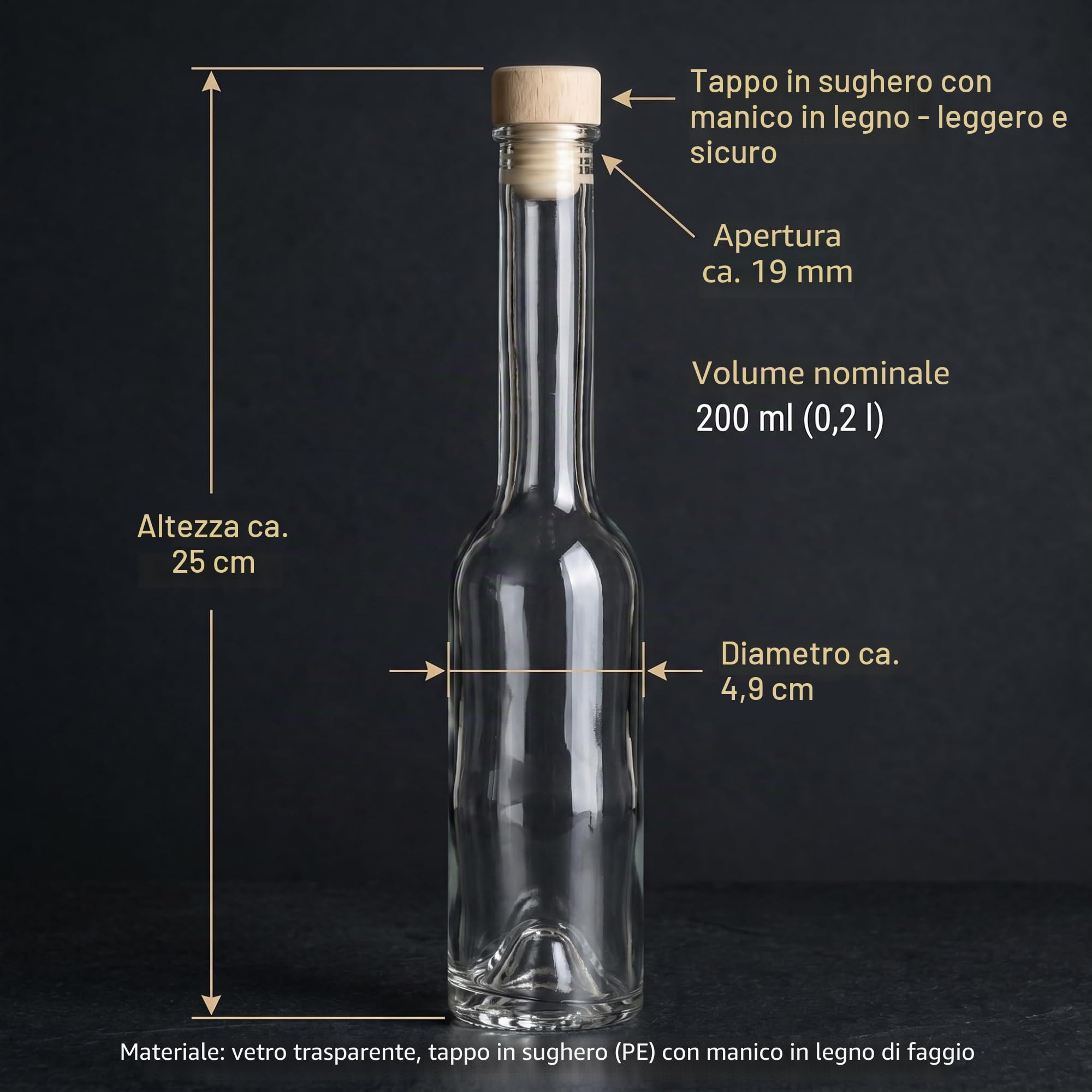 gouveo Set da 24 bottiglie in vetro Sinfonie (0,20 l) con tappo in sughero con pomello in legno bottigliette trasparenti per liquore sciroppo olio aceto decorazione (SIF200HGK)
