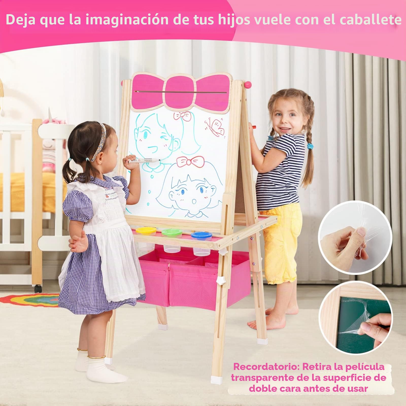 Caballete de Pintura Para niños de Madera,para Niños a Partir de 3 Años.Pizarra Infantil de Altura Regulable con Rollo de Papel,Pizarra,Pizarra Blanca,Set de Pintura y Bolsa de Almacenamiento.Rosa
