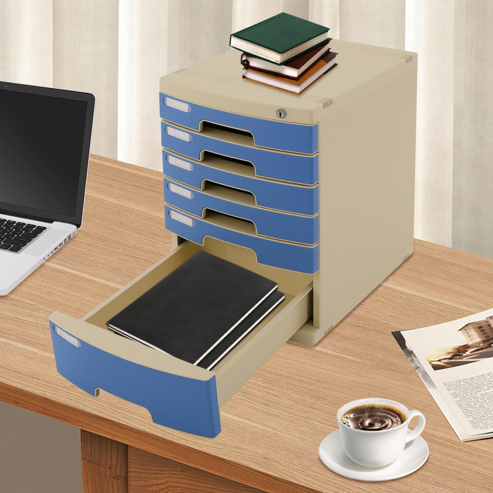 Organizzatore per cassetti da scrivania, in plastica, 6 ripiani, con serratura, per ufficio e casa, per documenti A4, 15,4 x 11,5 x 16,6 pollici (blu)