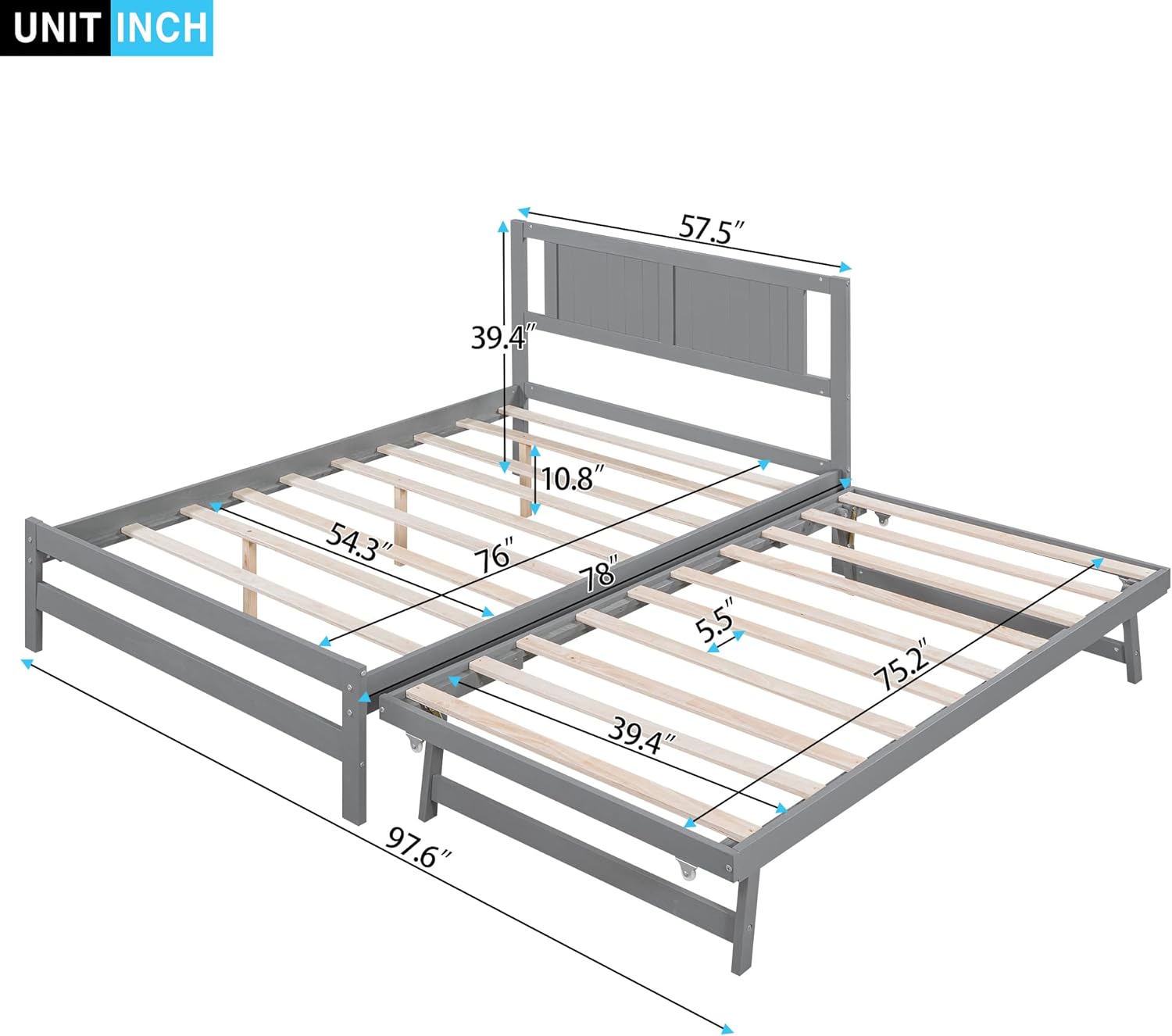 Diagram showing the detailed dimensions of the Merax Full Size Wood Platform Bed and its trundle.