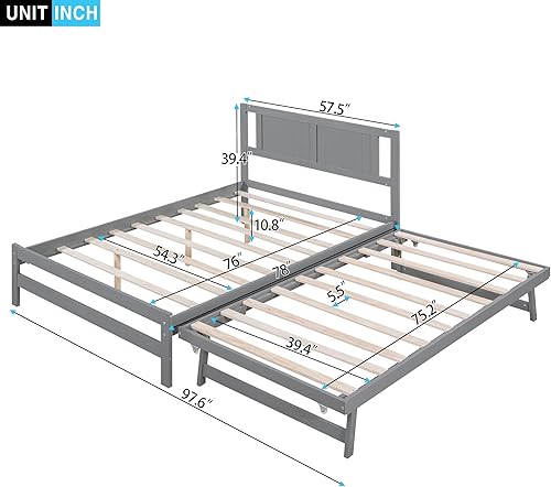Miniatura 10 de Cama de plataforma de tamaño matrimonial con nido elevable ajustable, marco de cama de madera maciza con cabecero, color blanco
