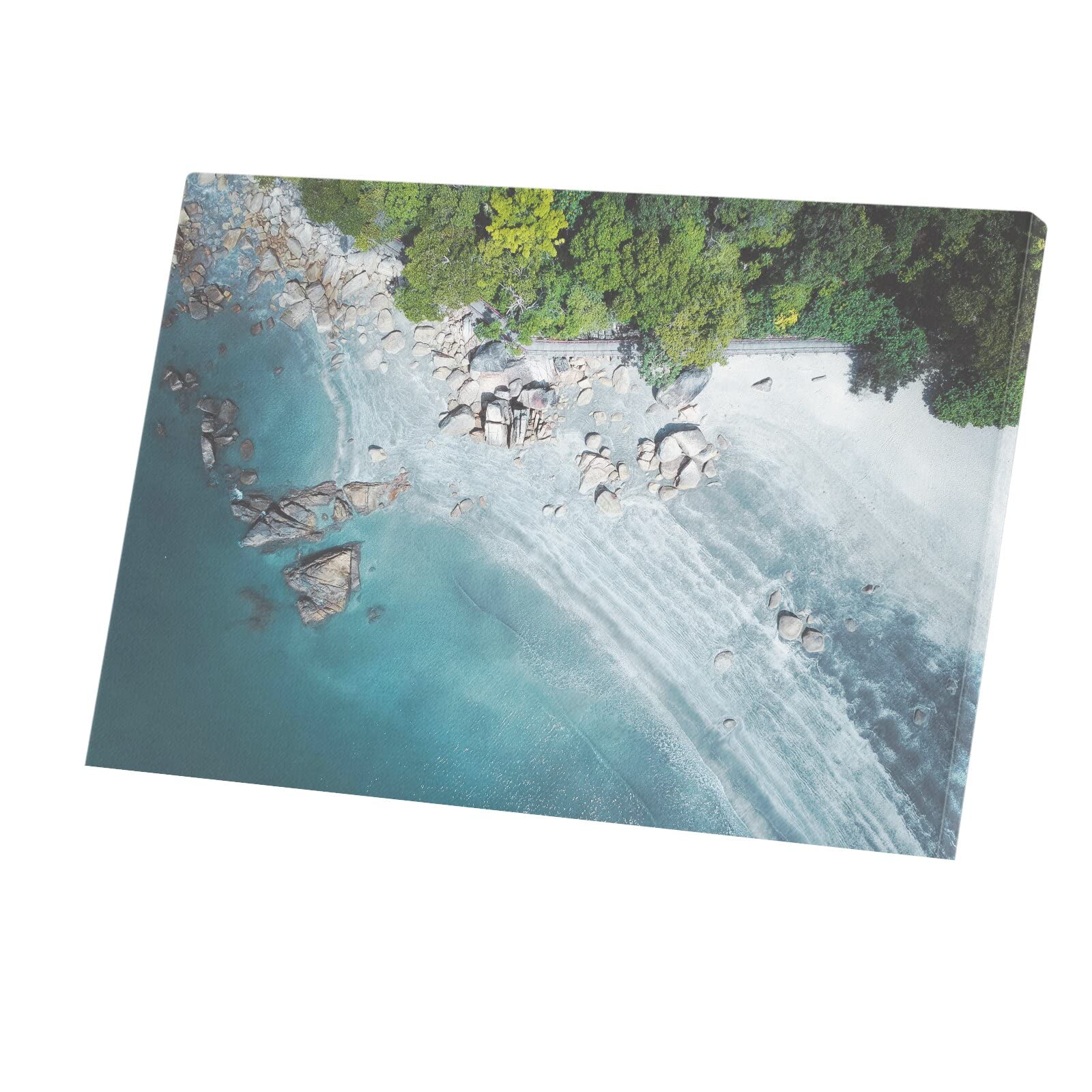 Plage de sable fin tableau décoratif forêt et rochers vue aérienne