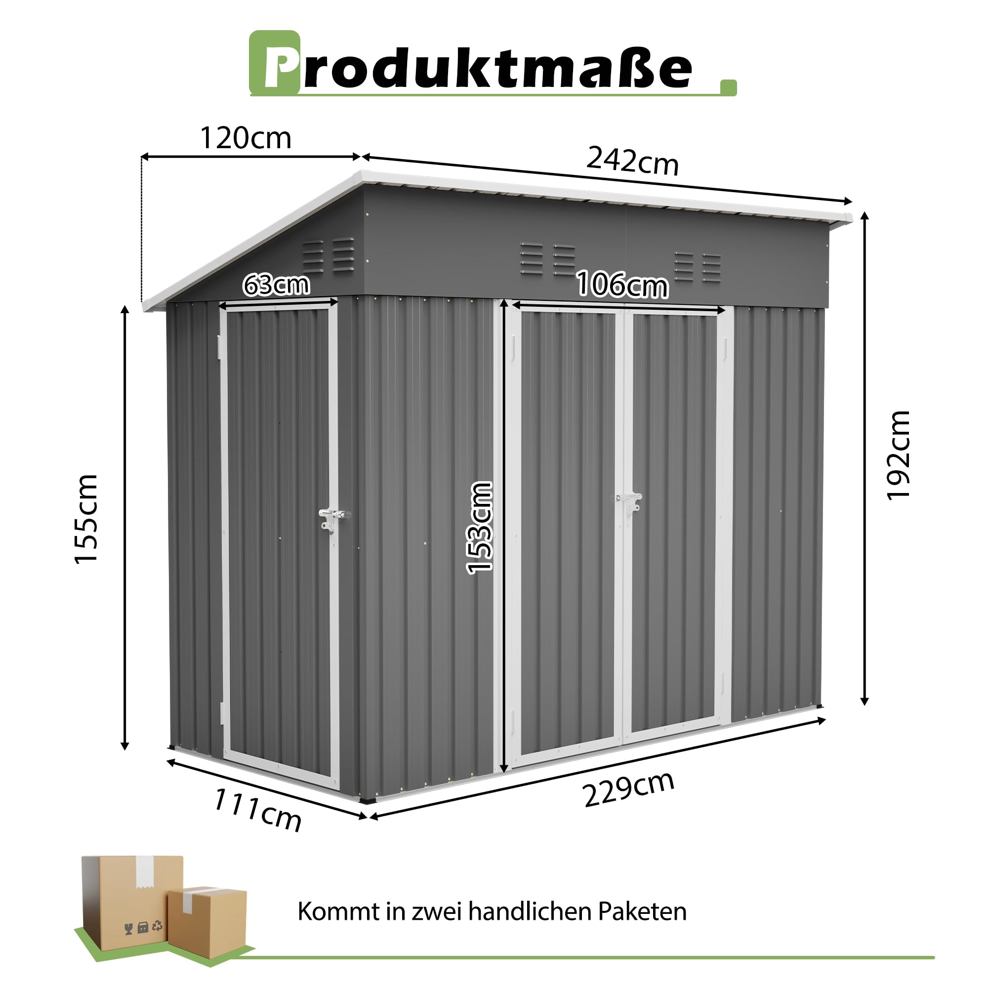 Metall Gartenschuppen 242x120x192 cm, Grau – mit 3 Türen & 2 Schlössern
