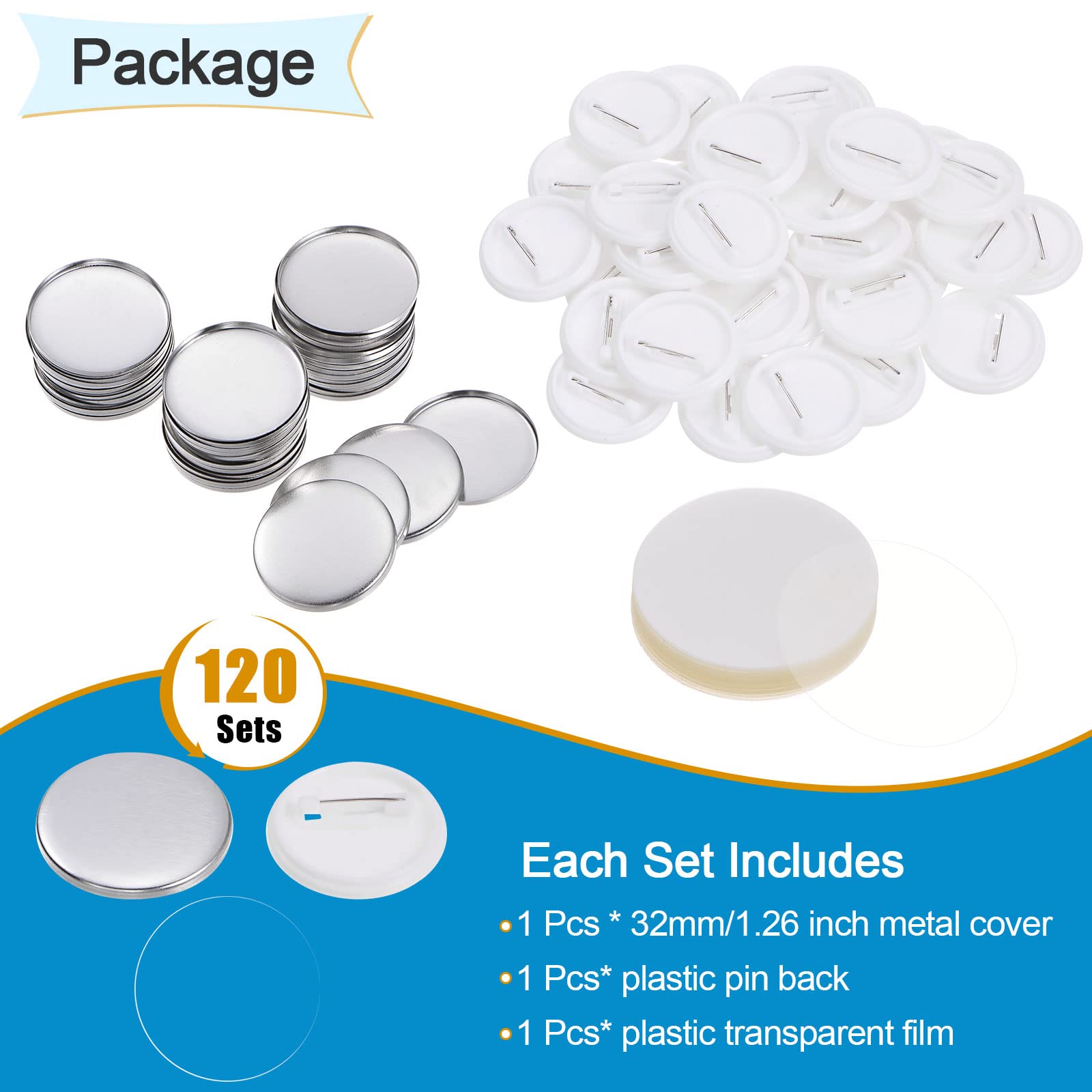 Sourcing Map Set da 120 pezzi di parti rotonde in metallo e plastica, 32 mm, pellicola trasparente per macchina per la creazione di bottoni
