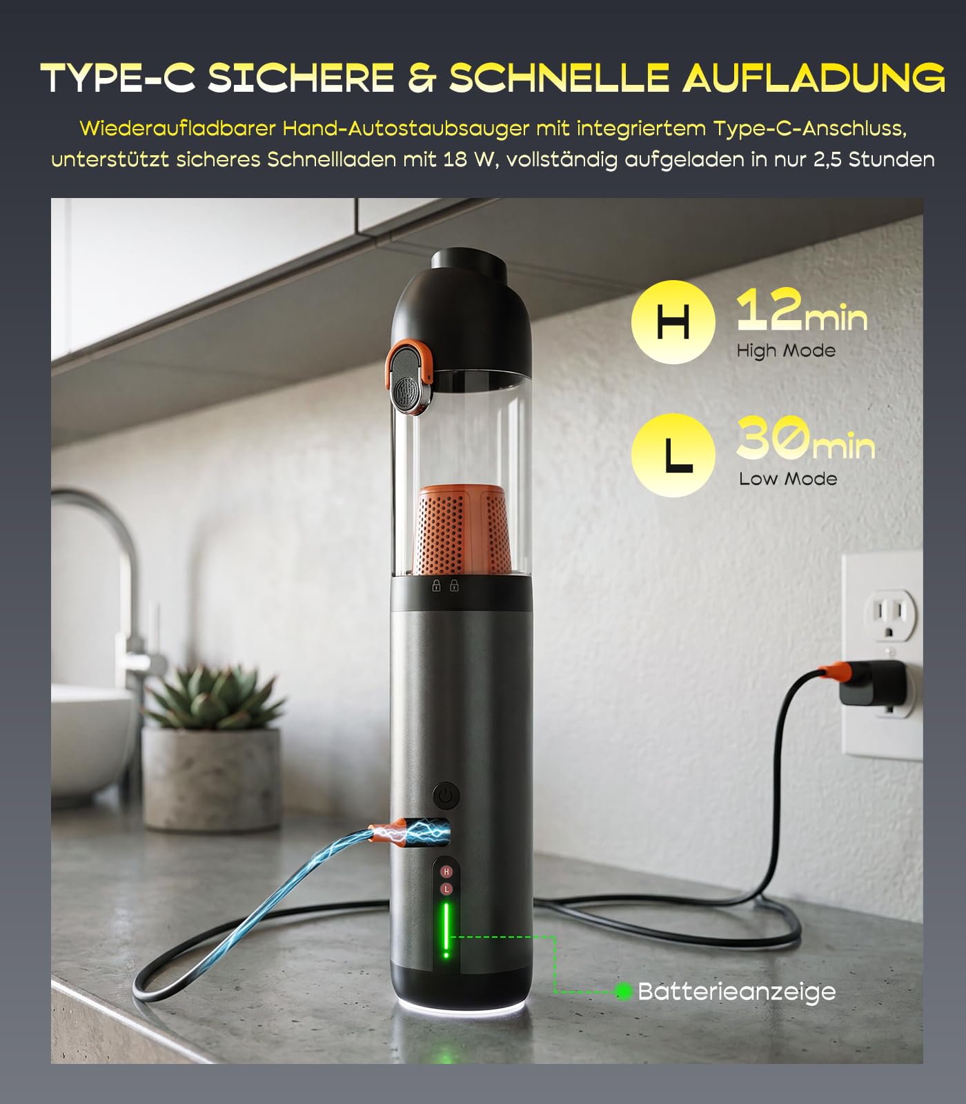 Handstaubsauger Akku 4-in-1, Mini Autostaubsauger Stark mit 20000 PA Saugkraft und 2 Saugstufen, USB-C Aufladbar Handstaubsauger Kabellos für Auto, Bürotische, Tastaturen