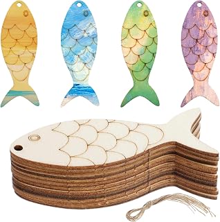 30Pcs Wood Fish Cutouts, Unfinished Blank Fish Shaped Wood Signs with Twine, Wooden Hanging Ornaments for Paint, DIY Crafts, Party Decoration