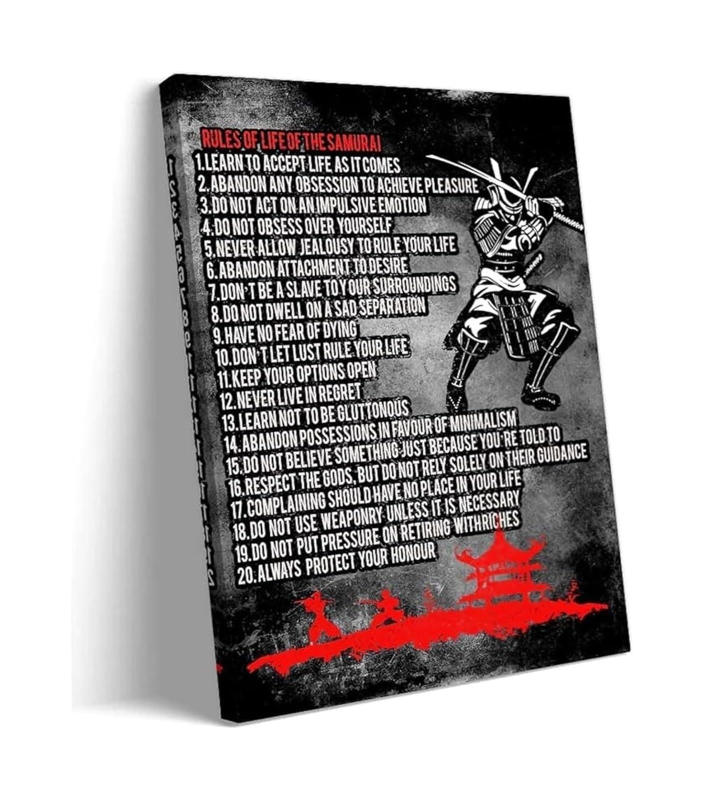 RQLVZHGK Samurai Life Rules Poster - Vintage Black Inspirational Quote Wall-Art for Home Framed,08x12inch(20x30cm)