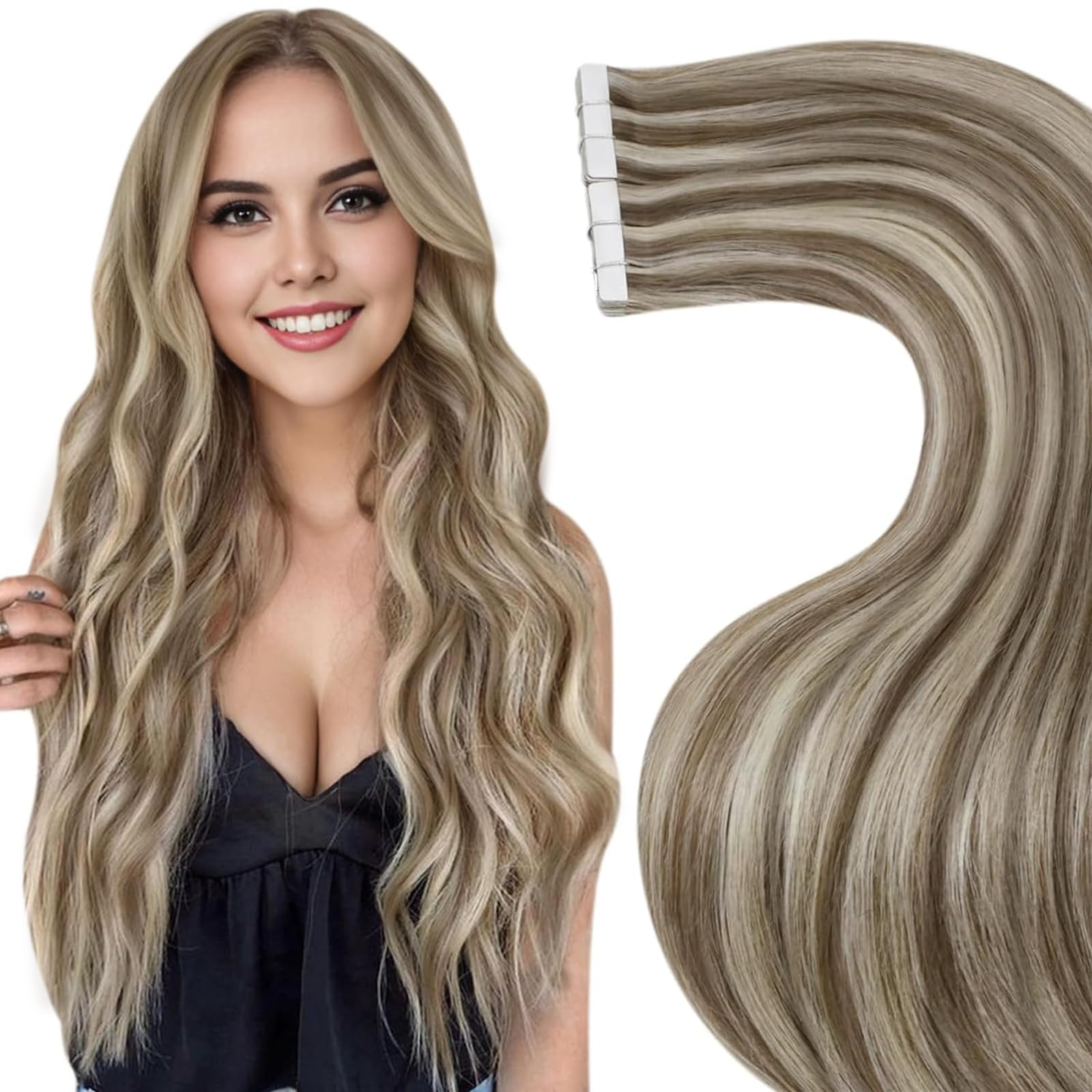 LaaVoo Tape in Hair Extensions Human Hair Blonde Tape Hair Extensions Real Human Hair Invisible Tapes Remy Straight Highlight Light Brown Hair Double Sided Tabs 20pcs 50g 18 Inch #p8/24